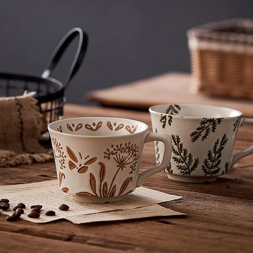 Miniatura 3 de Juego de 4 Tazas de Café de Cerámica Vintage de 12 oz - Cerámica de Gres Hecha a Mano Estilo Campo Granja Otoño Tazas de Té con Asa Grande para Café