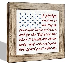 Patriotic Pledge of Allegiance Wooden Block Sign Tabletop Decor, American Flag Stars Wood Plaque Decoration for Home Desk Shelf Living Room Office Classroom