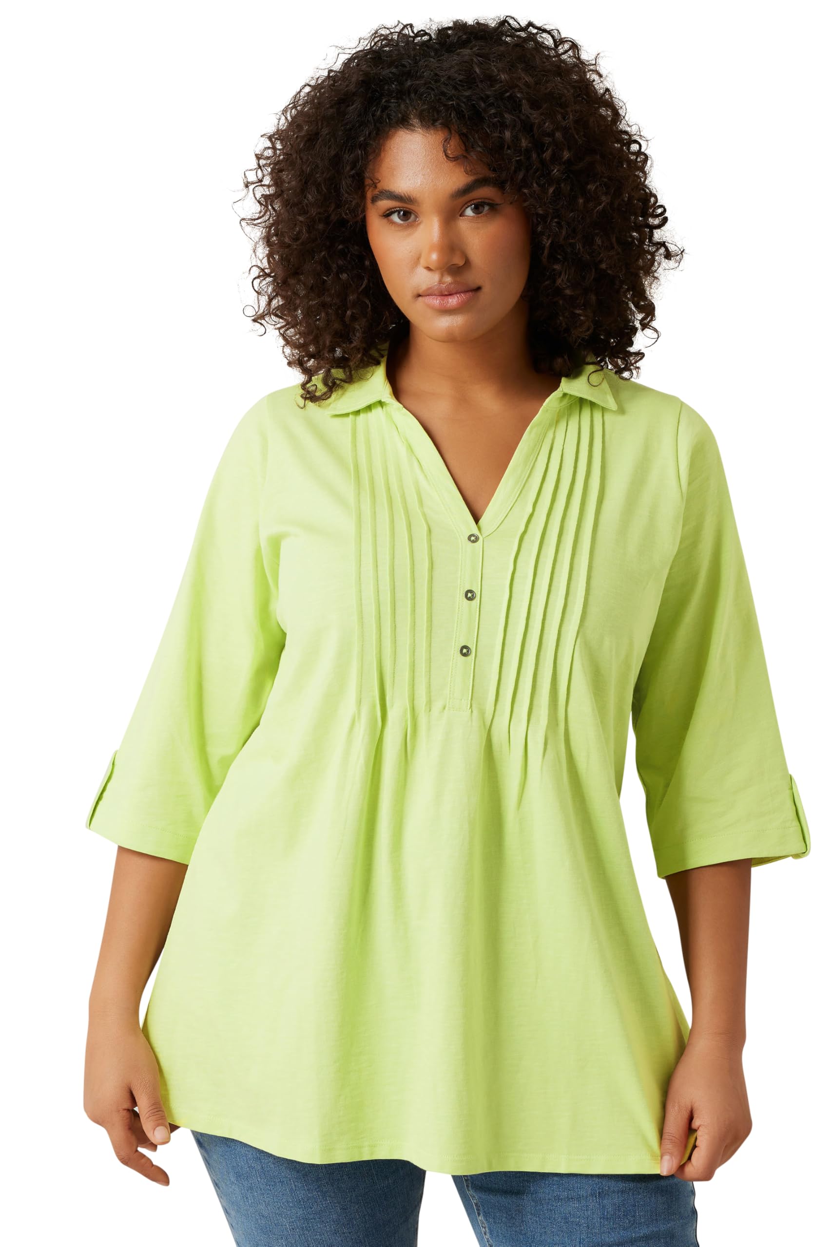 Evans Women's Bright Green Curve Chartreuse Green Pintuck Henley Top - Plus Size Curve