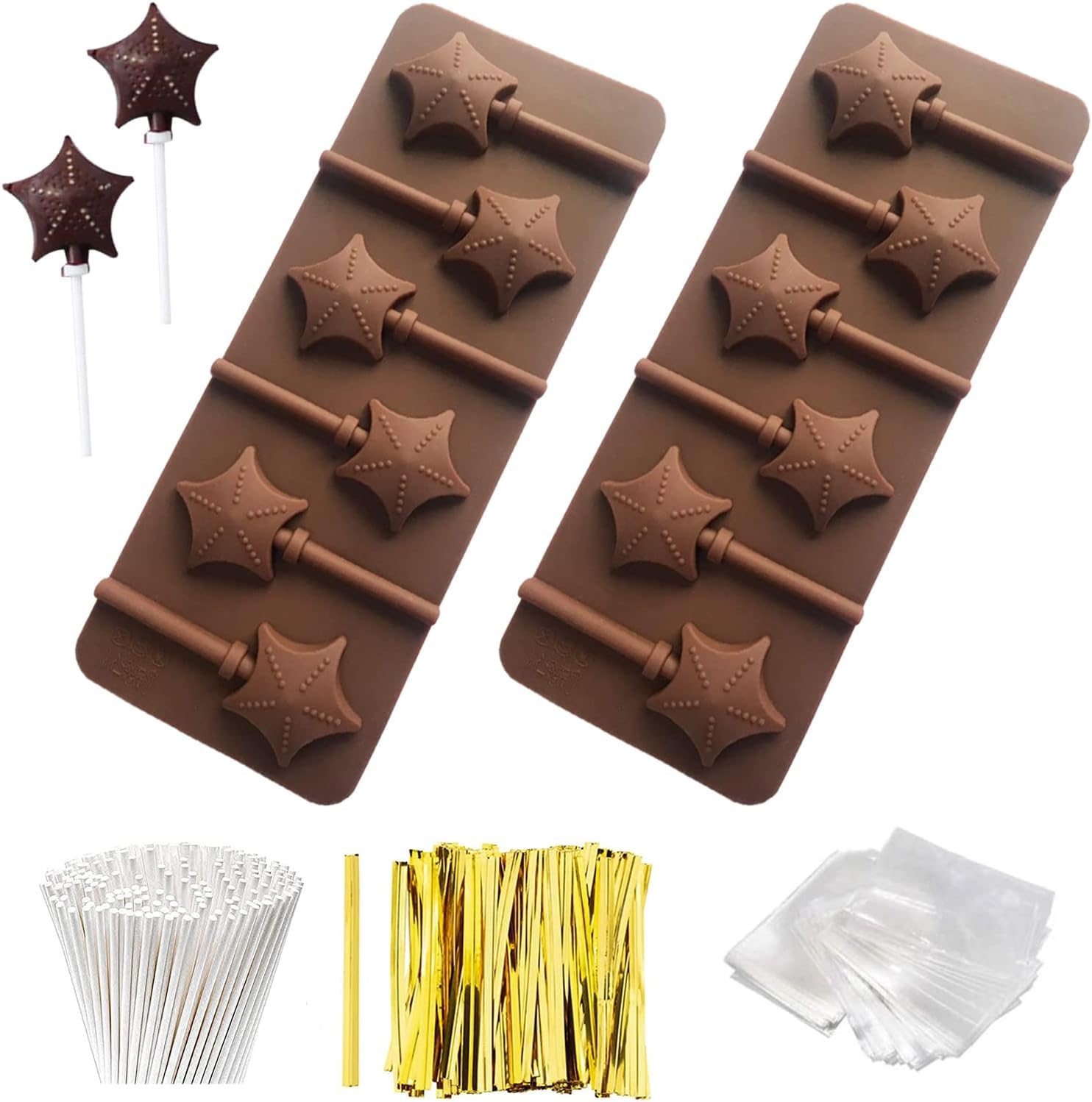 Azonee 2Pcs Silicone Lollipop Molds, Candy Mold, Sucker Molds,100 Pcs Lollipop Sucker Sticks,100Pcs Candy Treat Bags,100Pcs Gold Twist Ties for Making Chocolate, Candy, Cookie, Ice Cubes