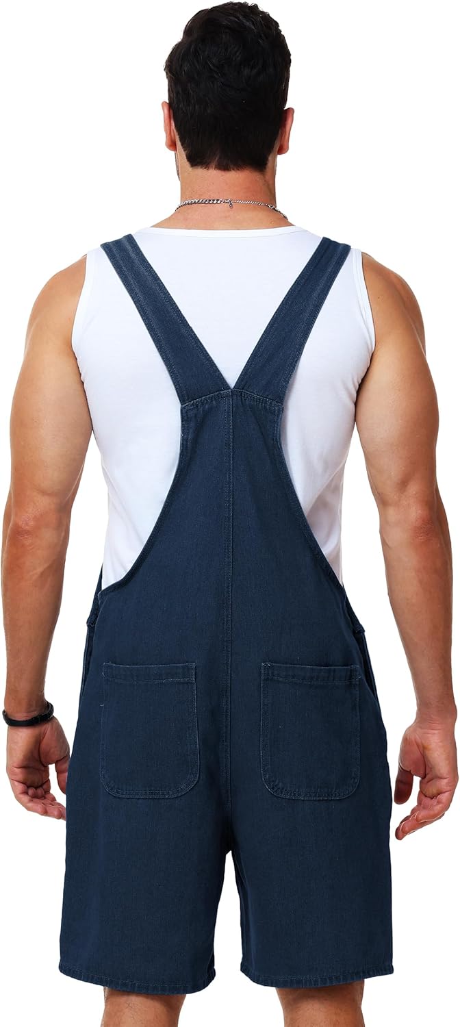 Men Denim Shorts Overalls Solid Color Bib Jumpsuit Jeans Coveralls with Pockets - Image 7
