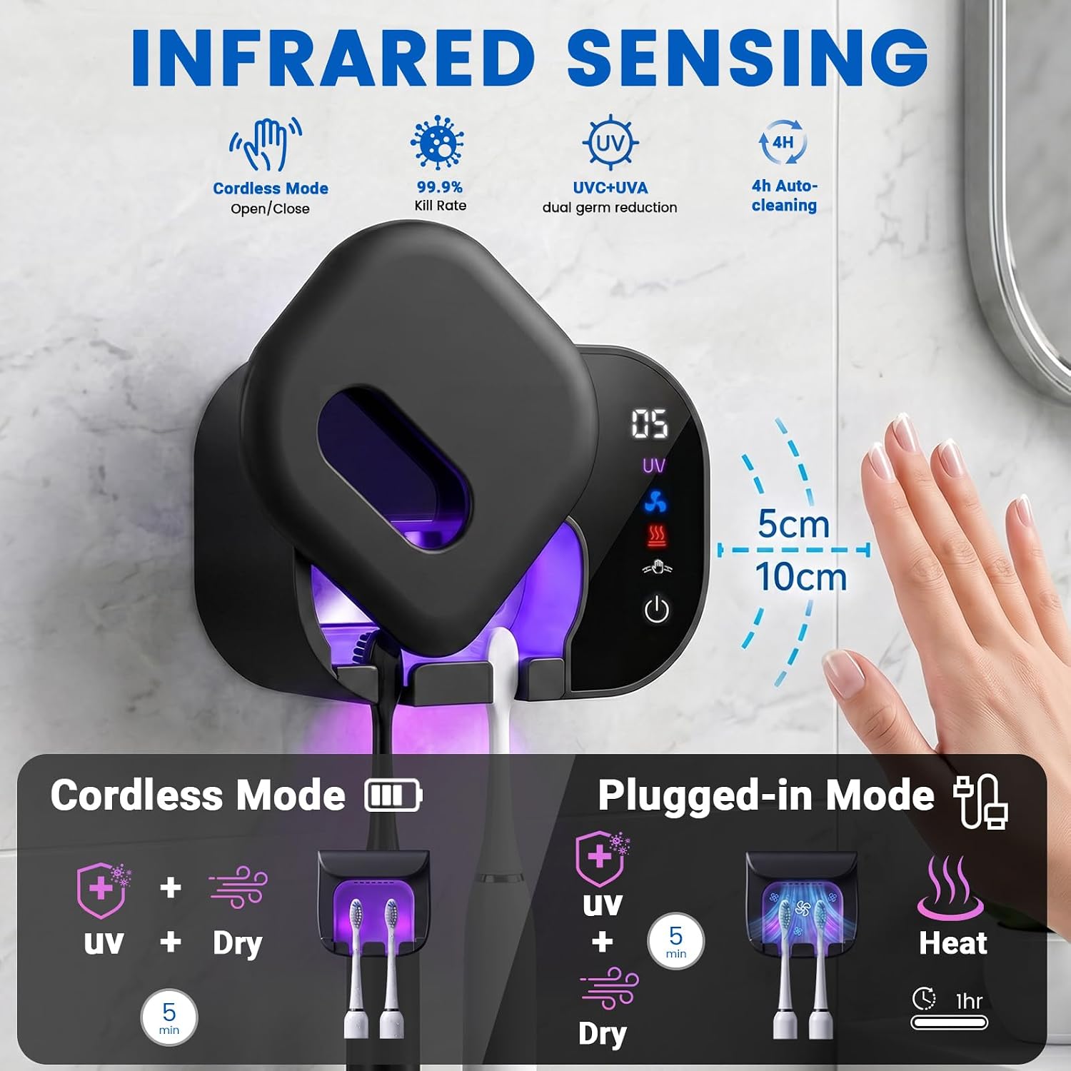 Toothbrush Holder for Bathroom, Infrared Sensing Toothbrush Cleaner with 2 Slots for Most Toothbrush Sizes, Wall Mounted Tooth Brush Holder with LED Smart Display & Hot Air Drying for Travel (Black)