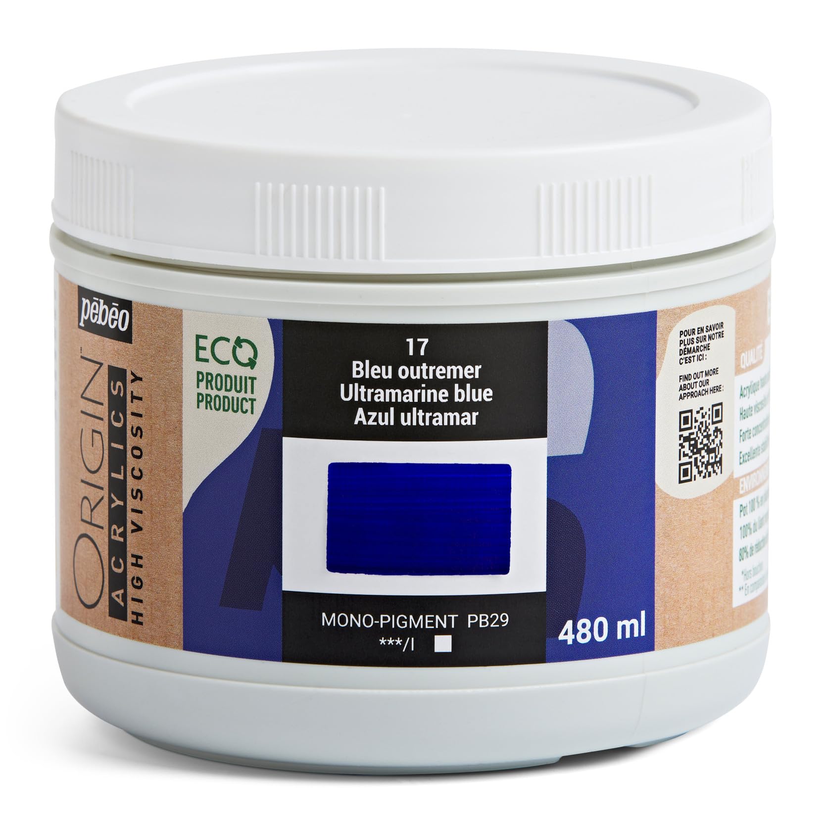 PEBEO - Origin Acrylics 480 ml - Eco-designed Acrylic Paint - High Viscosity - Matt Finish - 100% Recycled Binder - 96% European Origin Raw Materials - Ultramarine Blue