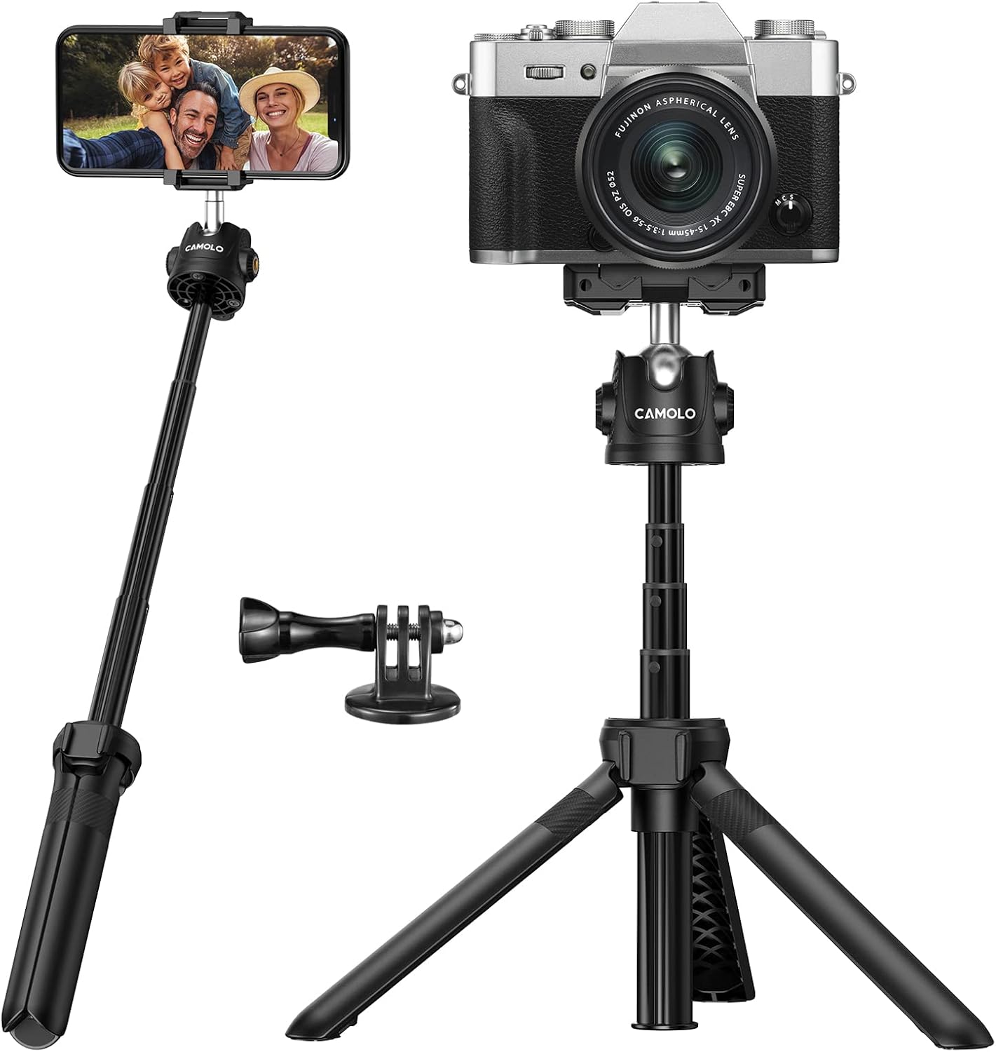 CAMOLO Mini Camera Tripod Extendable Small Selfie Stick Phone Tripod Stand with 360°Rotation Ball Head Phone Tripod Mount 2 Cold Shoe for iPhone/Smartphone/Camera/Gopro/Monitor for Vlog Selfie Video : Electronics