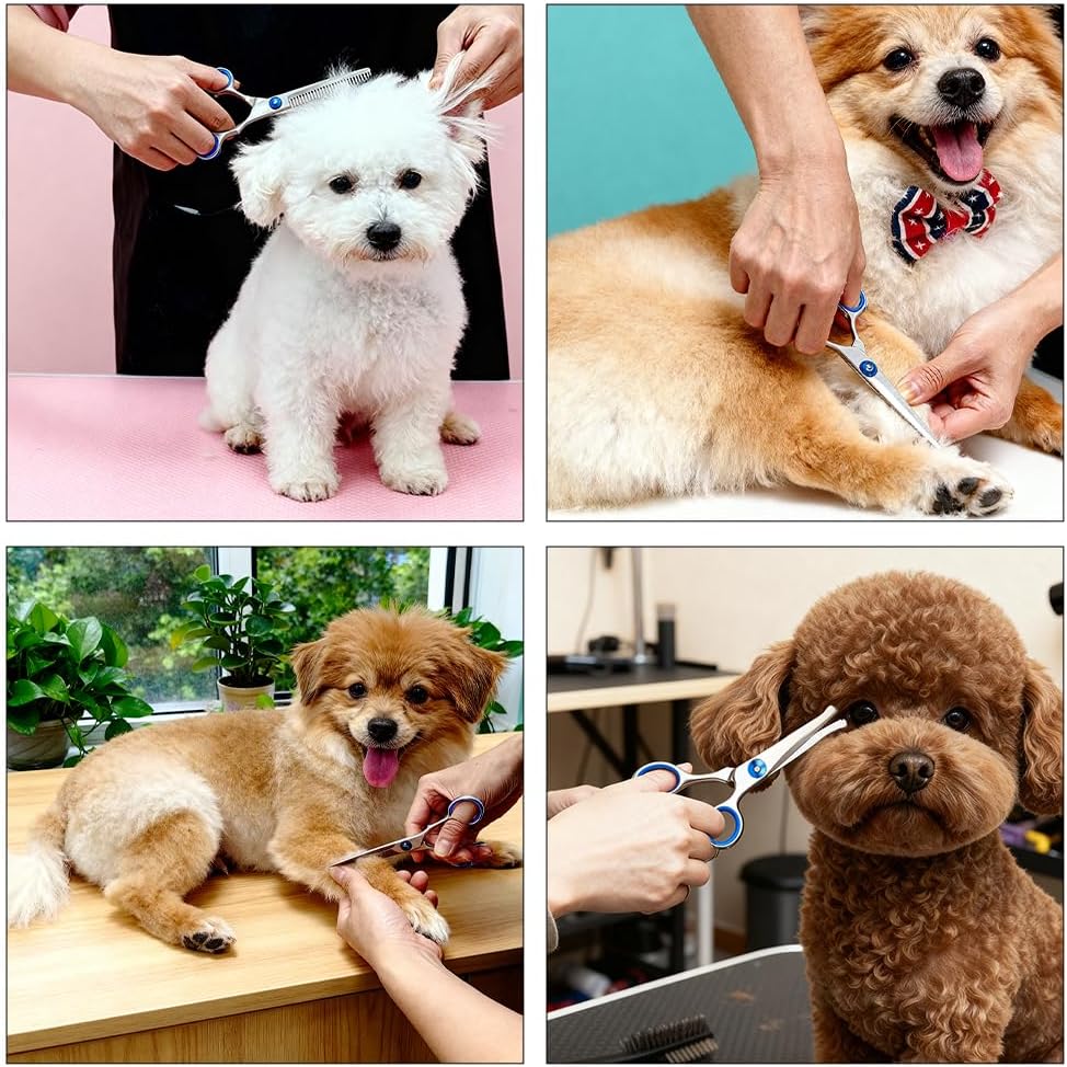 Curved Dog Scissors, Stainless Pet Scissors with Safety Round Tips, Pet Care Accessories for Cutting/Trimming Pet Hair, Blue, 17cm 8