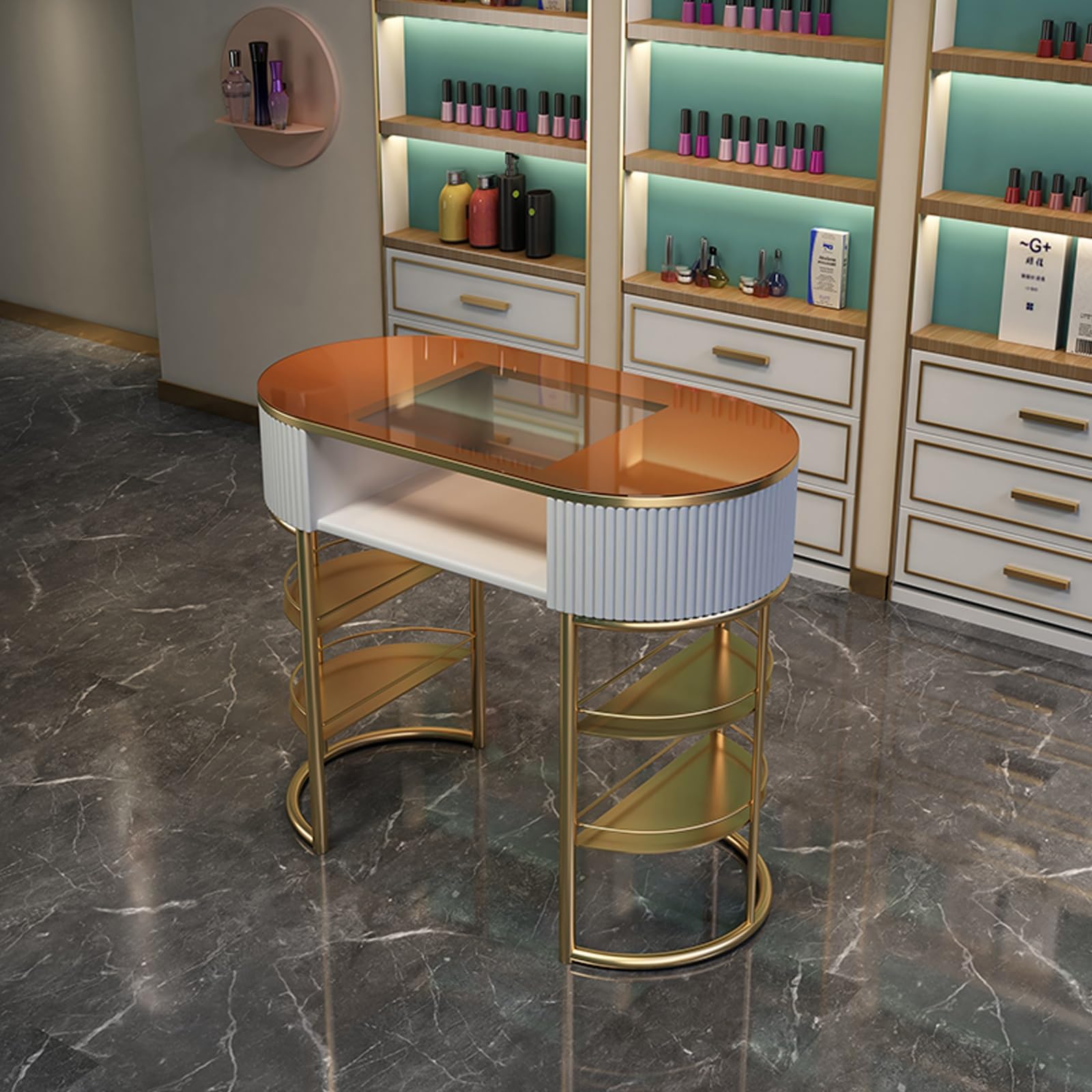 FORRTY Biurko Paznokcie Stół Manicure Stacja Paznokci Biurko Technik Paznokci Półkami Szklany Blat Wielowarstwowe Szuflady Meble Salon Stół Artystyczny Salonu Spa Dom Biuro(Gray,120cm(47.2"))