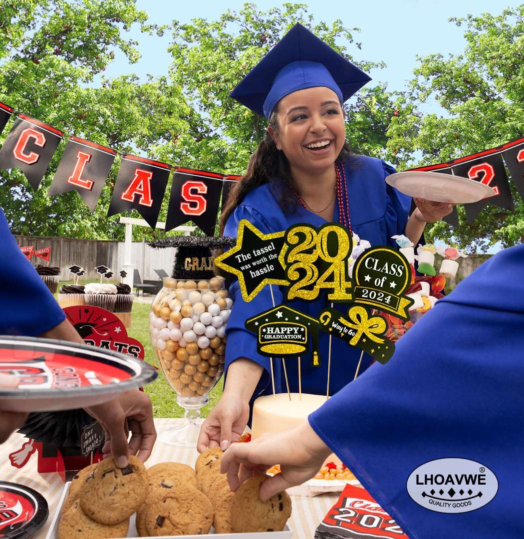 Ylapagne 9-Pack Graduation Cake Toppers – Black & Gold Acrylic GRAD 2024 Caps, 5 Inch Tall - View #4