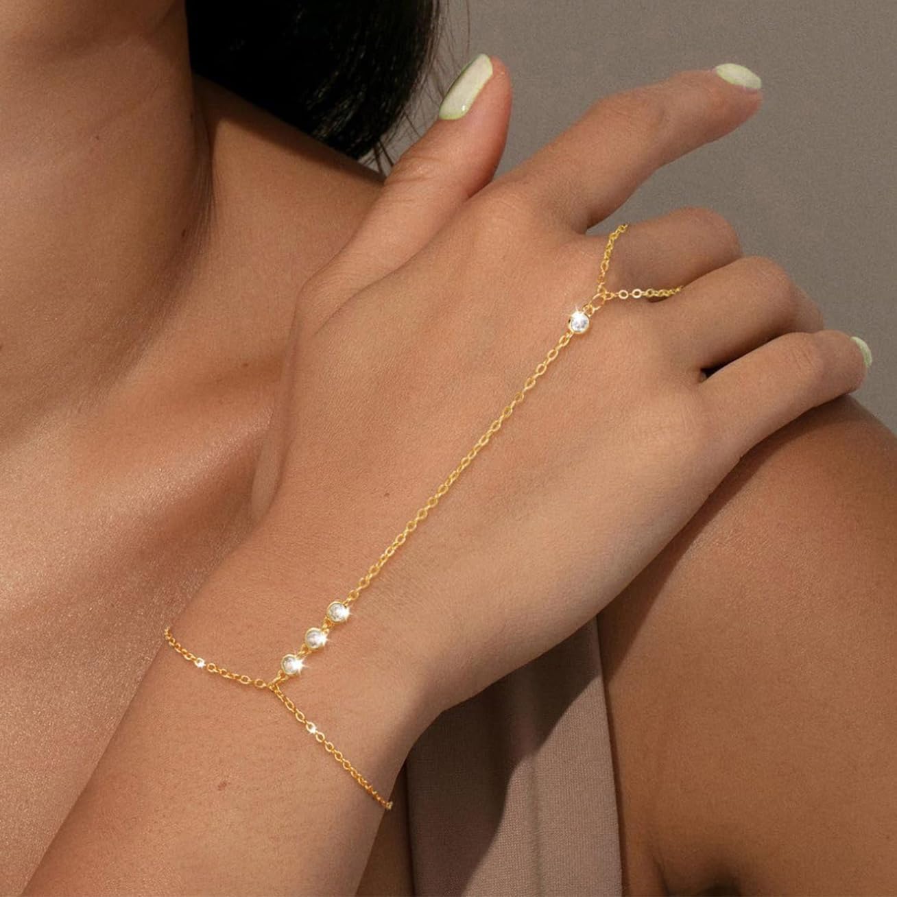 Hand Chain Bracelets for Women 14K Gold/Silver Plated Dainty Hand Chain Bracelets Cubic Zirconia Beaded Station Bracelet Charm Gold Cuff Bangle Stackable Bracelet Trendy Simple Fashion Body Jewelry - Image 4