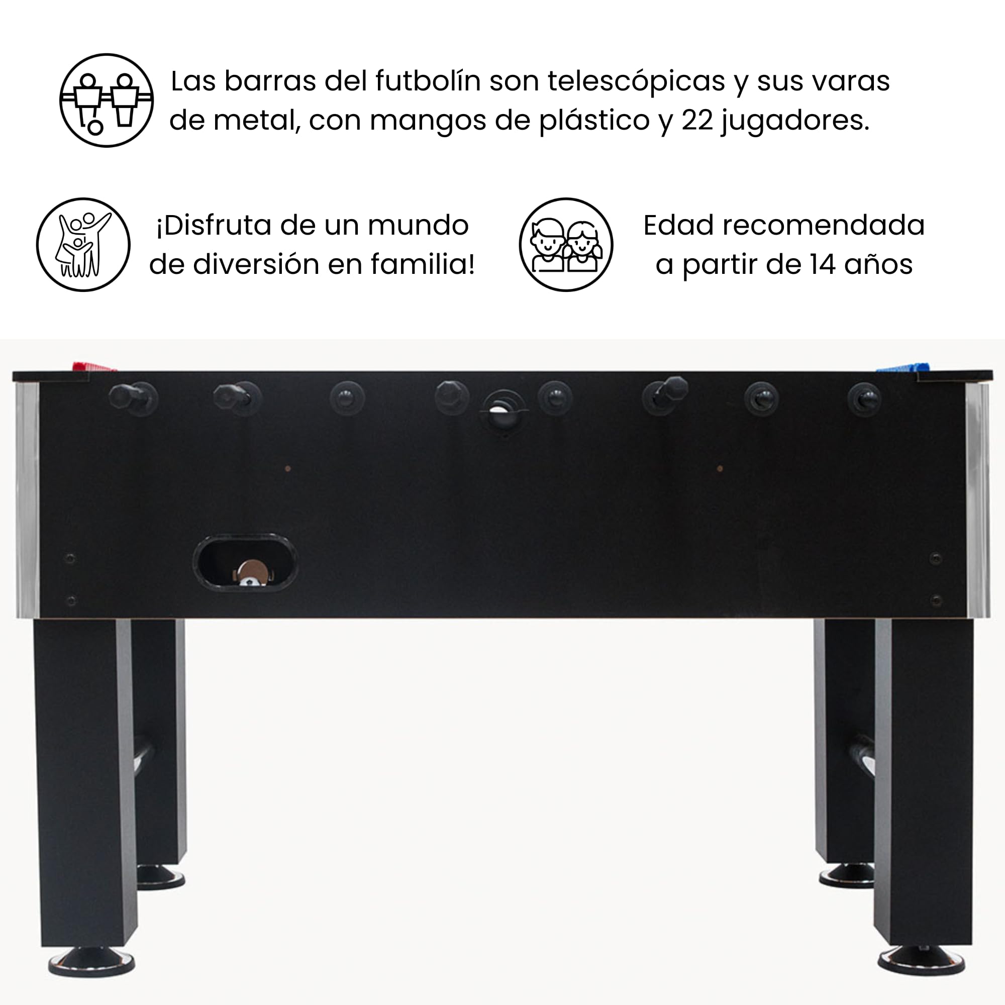 DEVESSPORT Futbolín Semi Profesional Salón Negro con Retorno de Bolas| Jugadores de Piernas Separadas + Retorno de Bolas + 2 Pelotas Incluidas | Pack Futbolín Semi Profesional con Niveladores