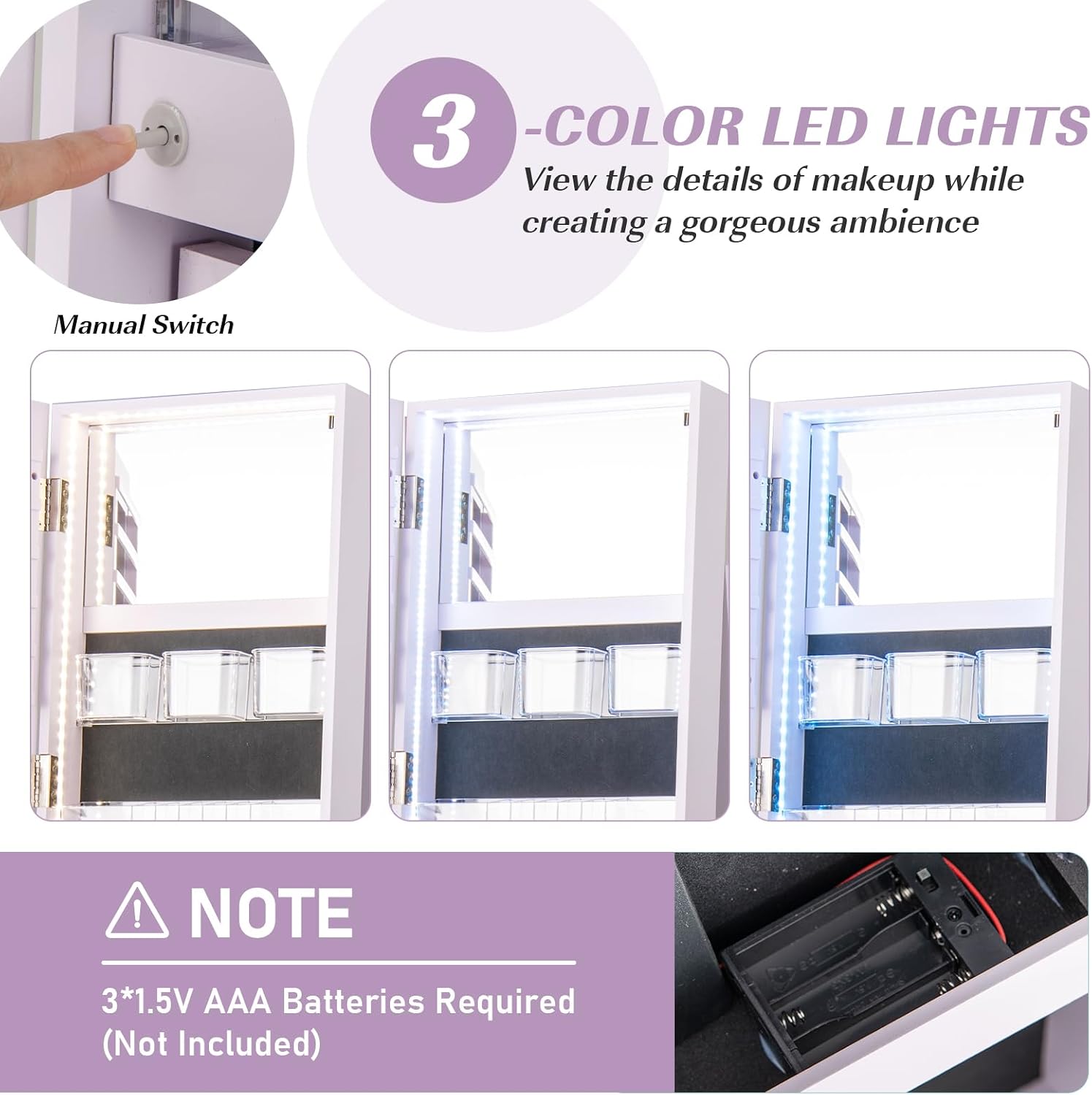 GOFLAME 360° Rotating Jewelry Cabinet with Full-Length Mirror, Freestanding Jewelry Armoire with 3-Color LED Light and Back Storage Shelf, Lockable Jewelry Organizer for Bedroom Cloakroom, Lavender