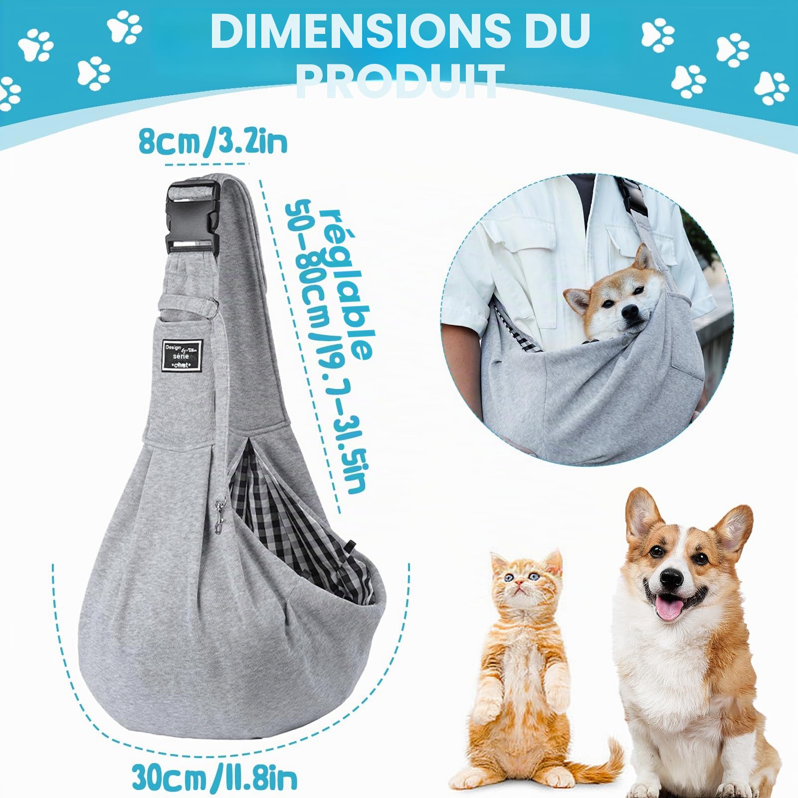 Sac de transport pour chien, harnais de transport pour chien jusqu'à 10 kg, sac de transport portable pour chien, sac pour chien pour promenades, activités en plein air et excursions (Gris)