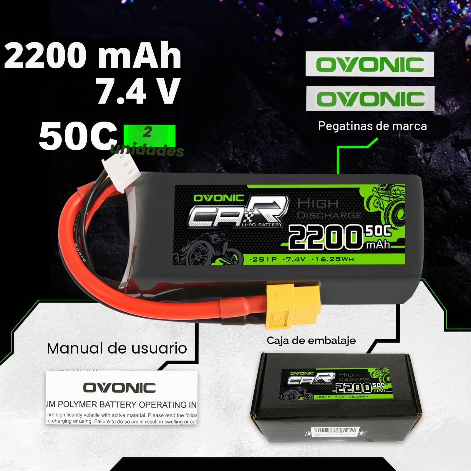 OVONIC 2S - Batería de polímero de litio (7,4 V, 2200 mAh, 50 C, con conector XT60, compatible con RC 1/16 o 1/14 RC avión, coche, barco, cuadricóptero, 2 unidades)