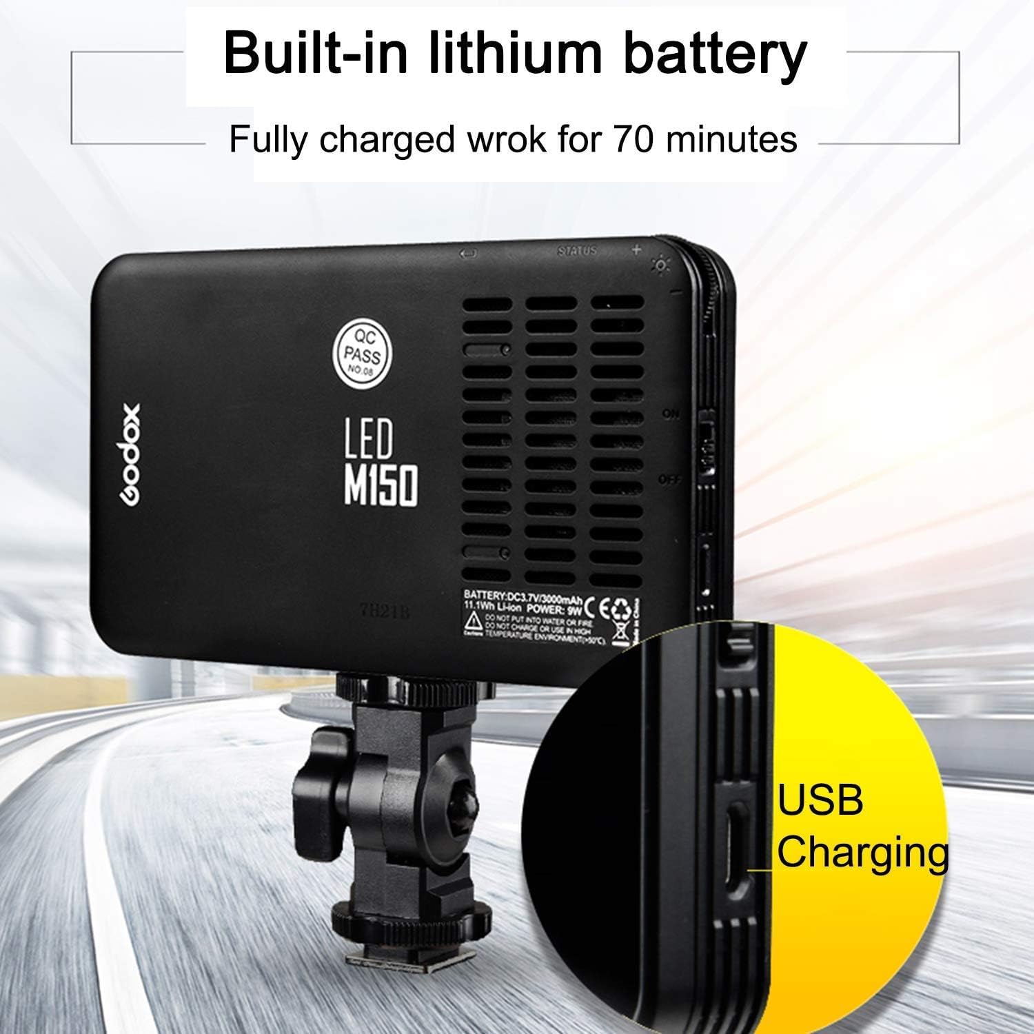 Back view of the Godox LEDM150 LED Video Light showing the power switch, dimmer dial, and USB charging port