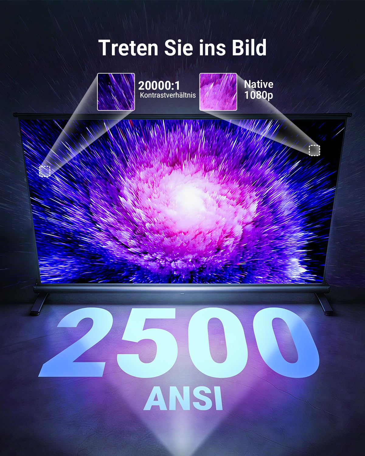 Smart Beamer【Google TV, Auto-Objektivabdeckung, 2500ANSI】 Beamer 4K Heimkino mit Autofokus & 6D Trapezkorrektur, Full HD 1080P, WiFi6, 360° Drehbarer Tragbarer Projektor mit APP für Outdoor/Handy