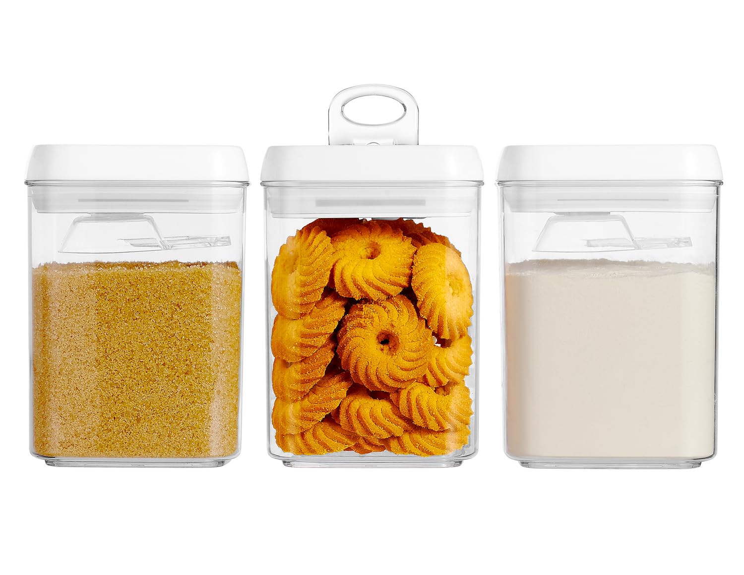 Felli Flip Tite Storage Container with Built-In Spoon & Airtight Lid 5” Large-M Ring Flip Top, Stackable Acrylic Canister for Rice Sugar Flour Protein Powder, Kitchen Pantry Organizer (1.8qt)