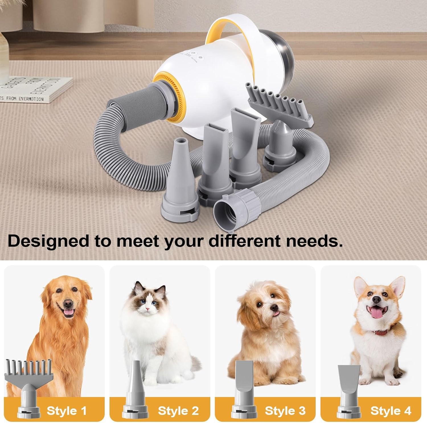 Four different nozzle styles for various pet types and grooming needs