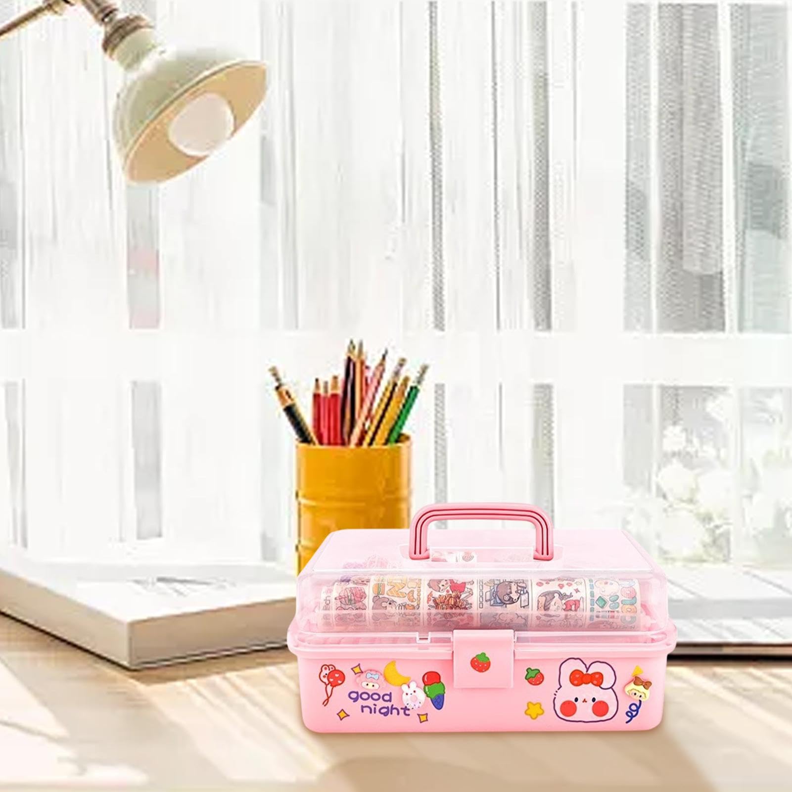 Stationary Organizer Box, Handled Storage Box Pink, Portable Stationary Tool Organizer, Multi-Layer Clear Organizer Box, Medicine Storage Box With Handle, Compact School Supply Organizer Box