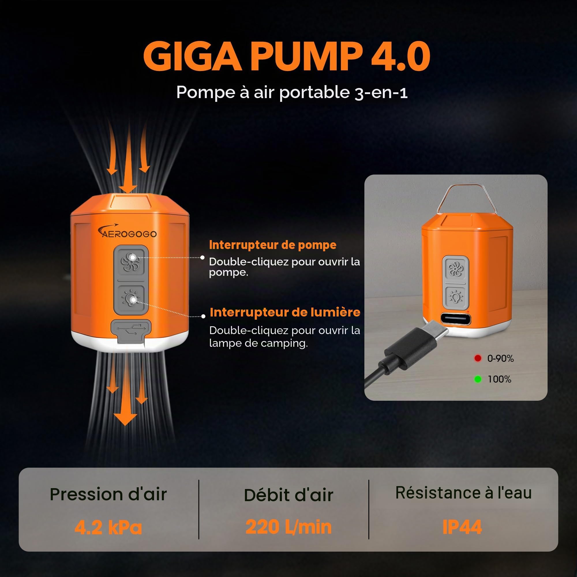 GIGA Pump 4.0 Electric Mini Air Pump for Air Mattress, Portable Pump with 1300 mAh Battery,5 Air Nozzles,Ultralight Air Pump for Swimming Rings,Vacuum Bags