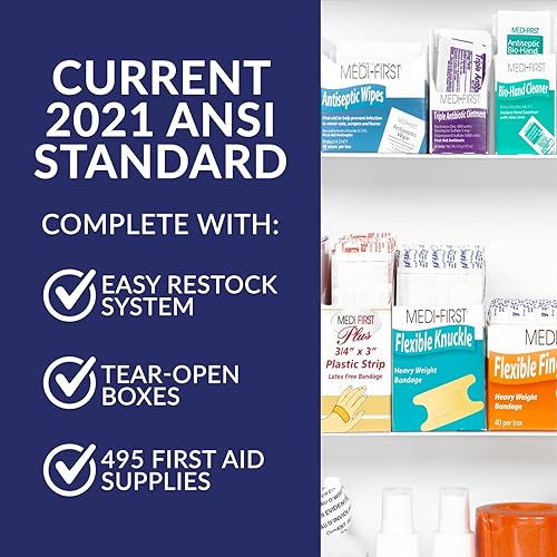 Miniatura 2 de MFASCO Kit de primeros auxilios compatible con ANSIOSHA 2021  Gabinete de metal comercial grande de 3 estantes para empresas, montaje en pared, con