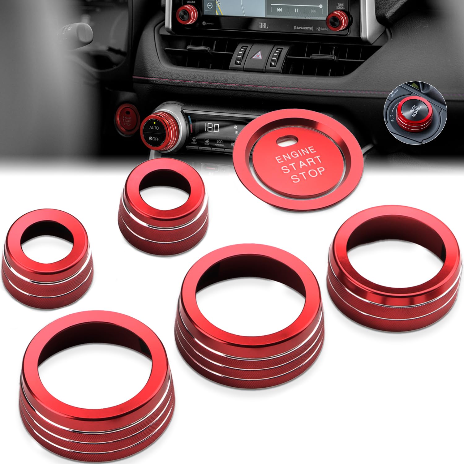 Auovo AC Knob Cover Fit for Toyota RAV4 Hybrid/Plug-in Hybrid Accessories 2025 2024 2023 2022 2021 2020 2019 Rav4 Radio Volume Drive Mode Push Start Button Air Conditioning Knob Ring Trims 7pcs (Red)