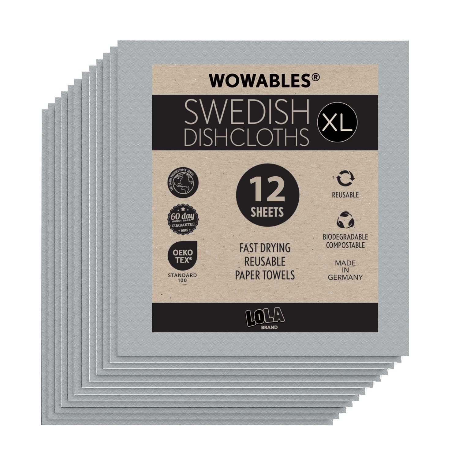 Swedish Dishcloths for Kitchen XL, 12 Sheet Roll, Biodegradable & Compostable, Reusable Paper Towel Cleaning Cloths, 11" x 10", No Odor, Washing Dishes, Ultra Absorbent Cellulose Sponge Towel, By LOLA