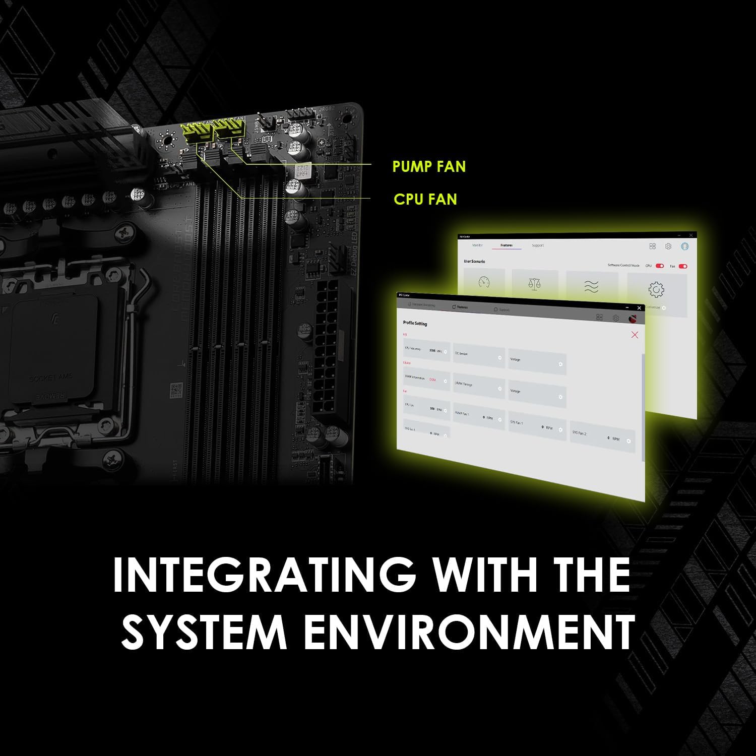 Diagram showing MSI liquid cooler connected to motherboard headers for system environment integration and software control.