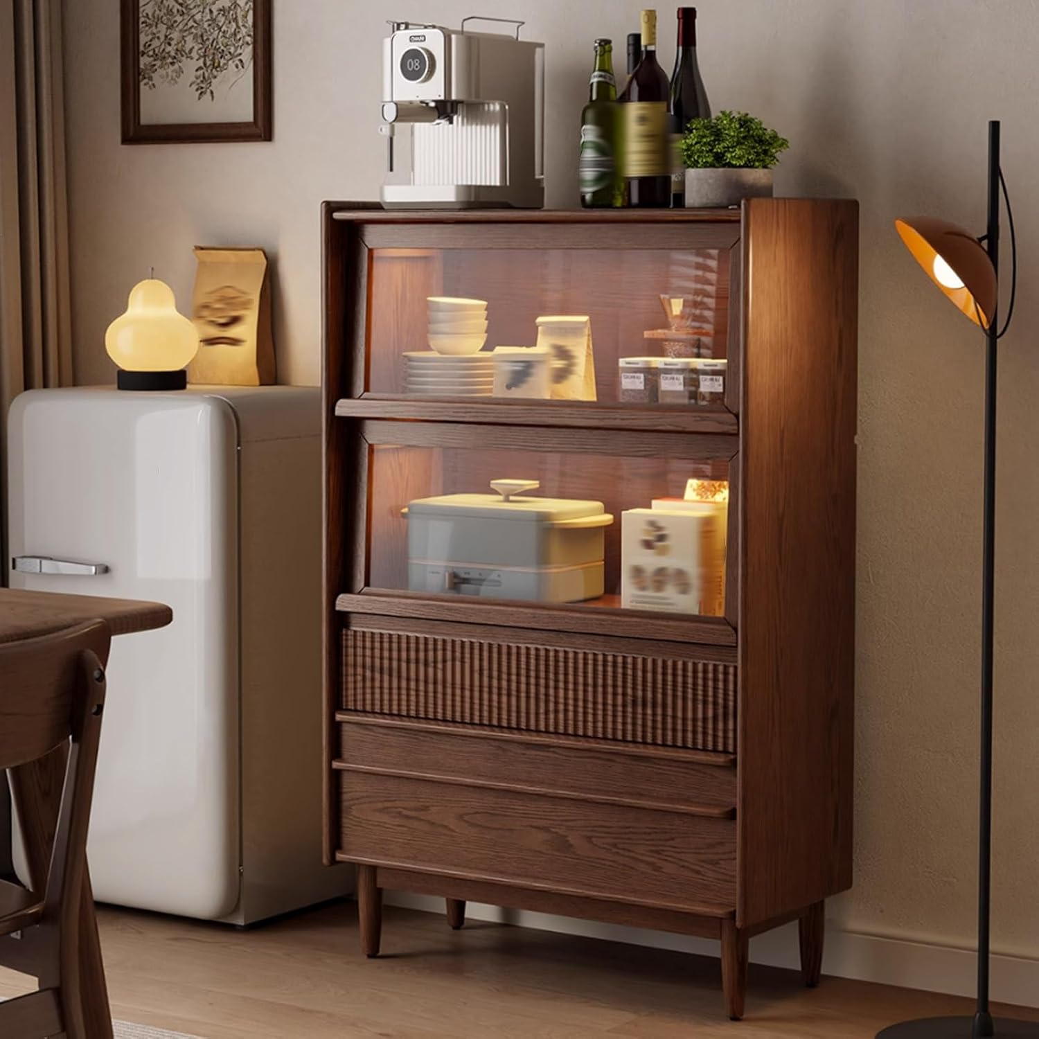 Sideboard Buffet Cabinet with Storage, Kitchen Buffet Cabinet, with 2 Drawers and Glass Doors, Tall Storage Cabinets, Coffee Bar Cabinets for Home, Living Room(2-Tier 60cm/23.6'')