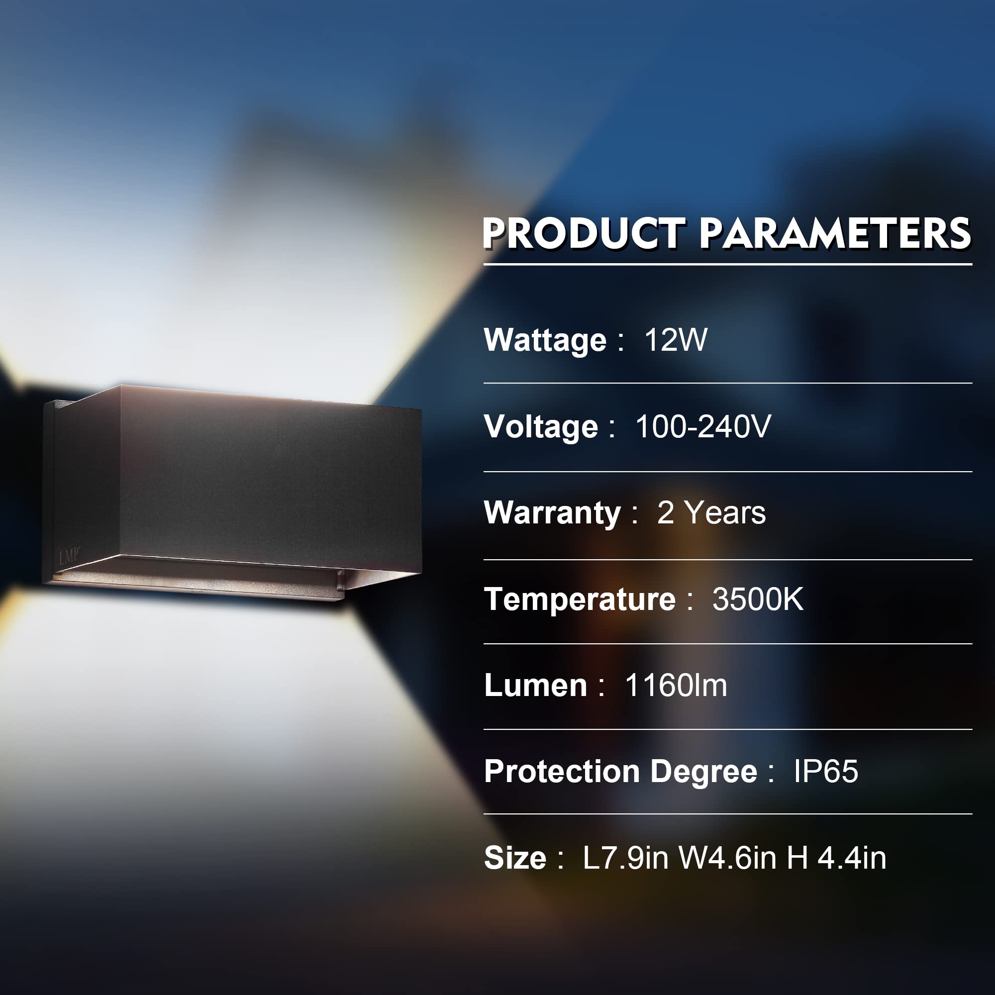 LMP Dusk to Dawn Outdoor Lighting Up and Down Wall Light, 12W LED Porch Lights Outdoor Lights for House, Black Wall Sconce Exterior Wall Lights with IP65 Waterproof, 1160lm, 3500K 1 Pack