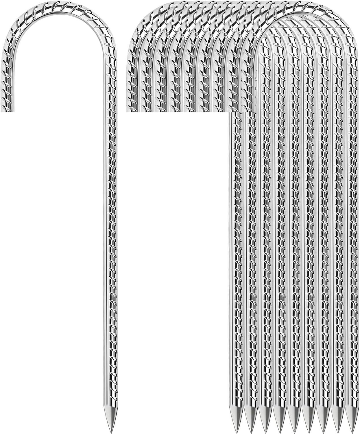 12 Inch Tent Stakes for Hind Wind & Rocky Ground - Heavy Duty Ground Anchor Rebar Stakes 6 Pack - Galvanized Steel Trampoline Stakes J-Shaped for Secure Trampolines, Fences, Tent, Inflatables