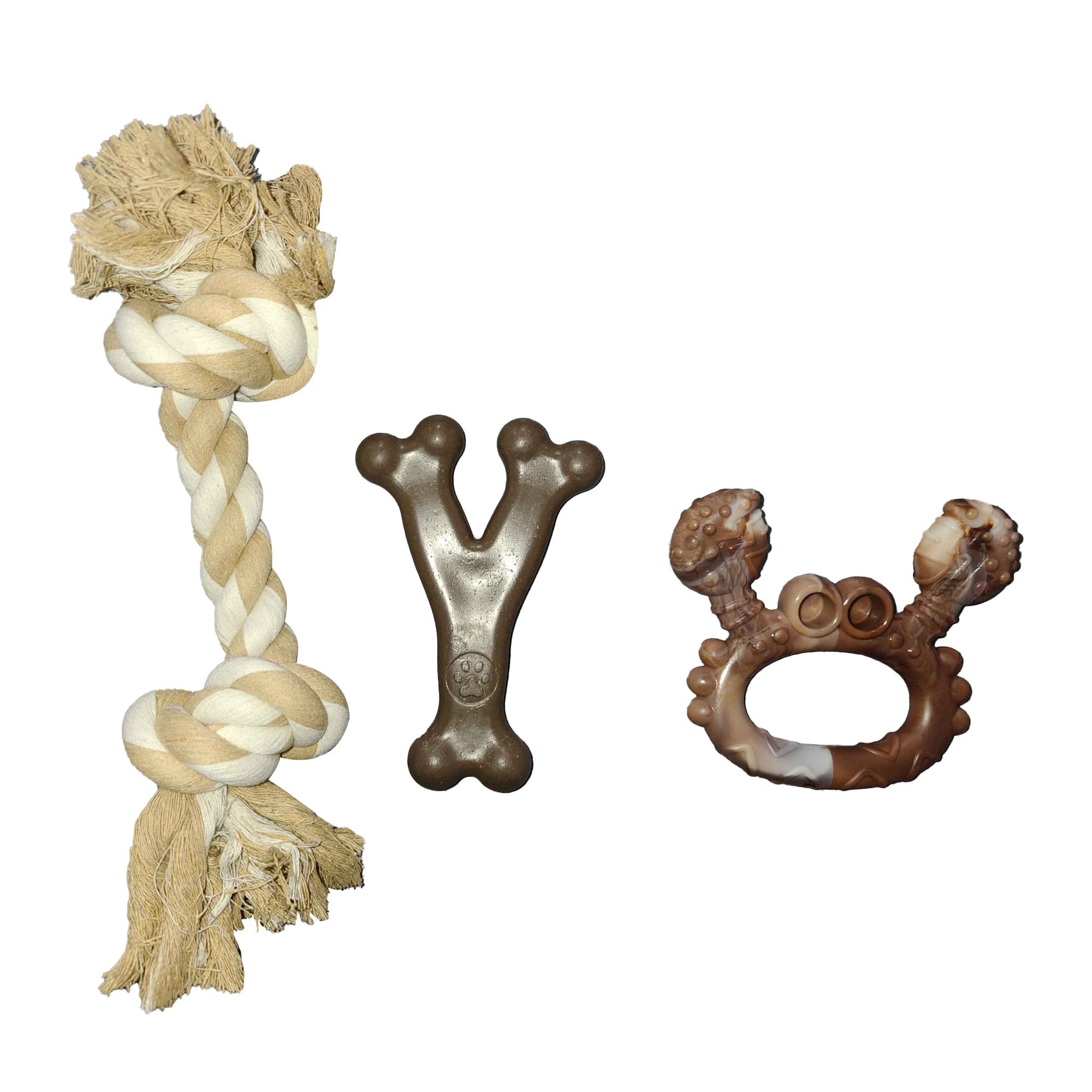 JWPET 3 Pack Indestructible Dog Chew Toys for Aggressive Chewers, Beef Flavoured Nylon, Natural Wood & Durable Rope, Teeth Cleaning to Relieve Boredom for Medium & Large Dogs (Crab)