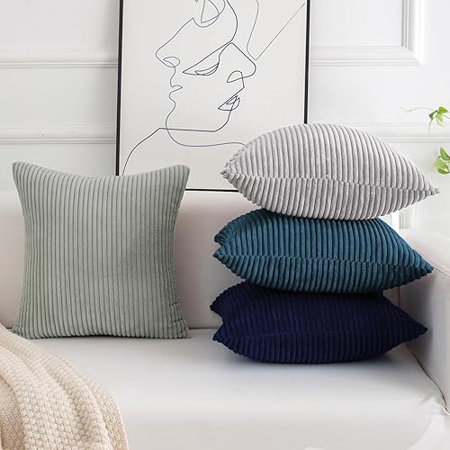 Miniatura 7 de Softalker Juego de 4 fundas de almohada de pana suave a rayas sólidas, 18 x 18 pulgadas, decoración moderna para sofá, dormitorio, sala de estar