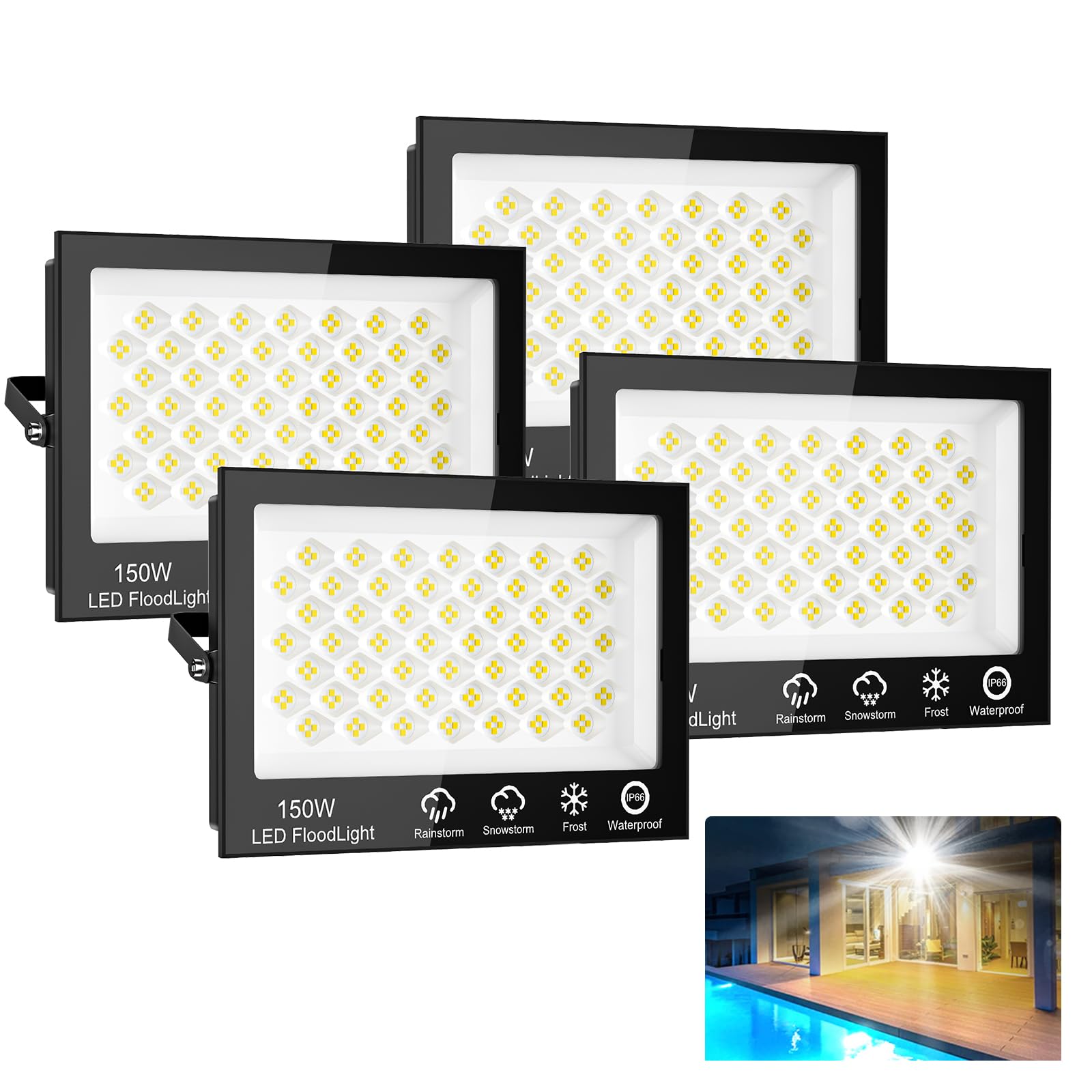 Sararoom Strahler Fluter Flutlicht Scheinwerfer - 4er 150W 208 LED 15000LM Kaltweiß 6500K, IP65 Wasserdichte Flutlichtstrahler Außen-Sicherheitsbeleuchtung für Garten Garage Hof Auffahrt Türen Flur