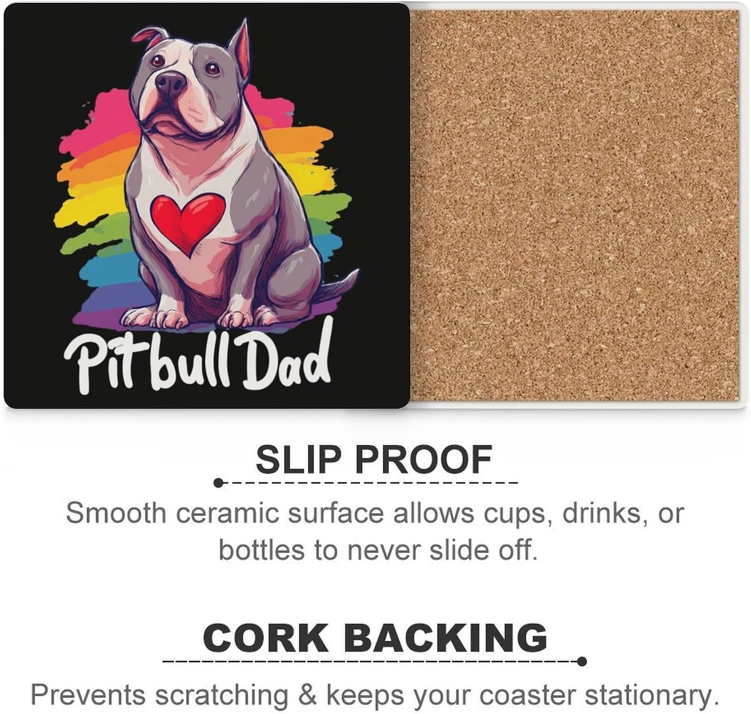 Pitbull Dad Coaster for Drinks Square Ceramic Table Coasters Stone Mat Crafts 6PCS Home Kitchen Decor