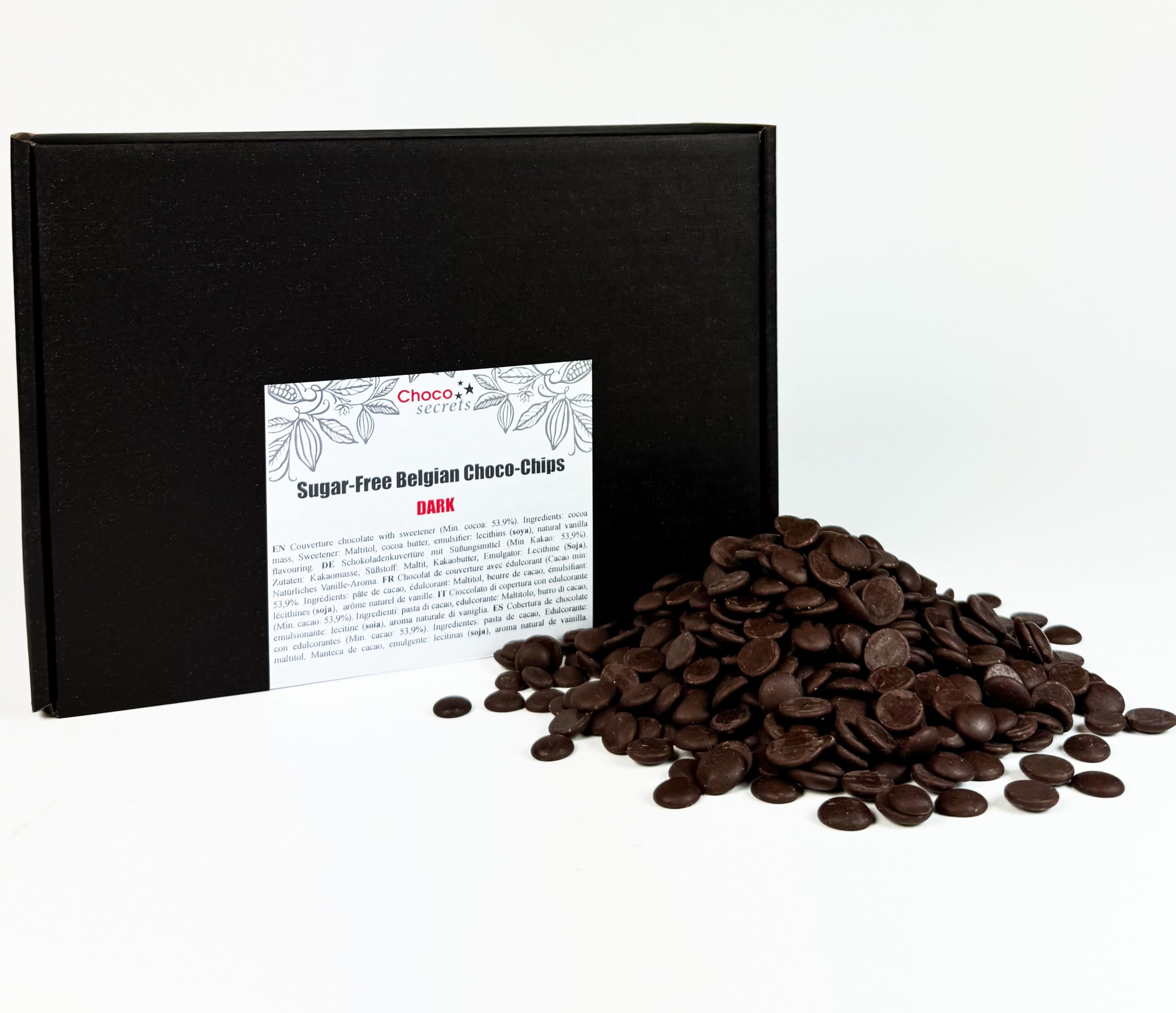 CHOCO SECRETS Schokodrops Zuckerfrei 1500g Zartbitter - Dark Chocolate Chips gesüßt mit Maltit ohne Zuckerzusatz