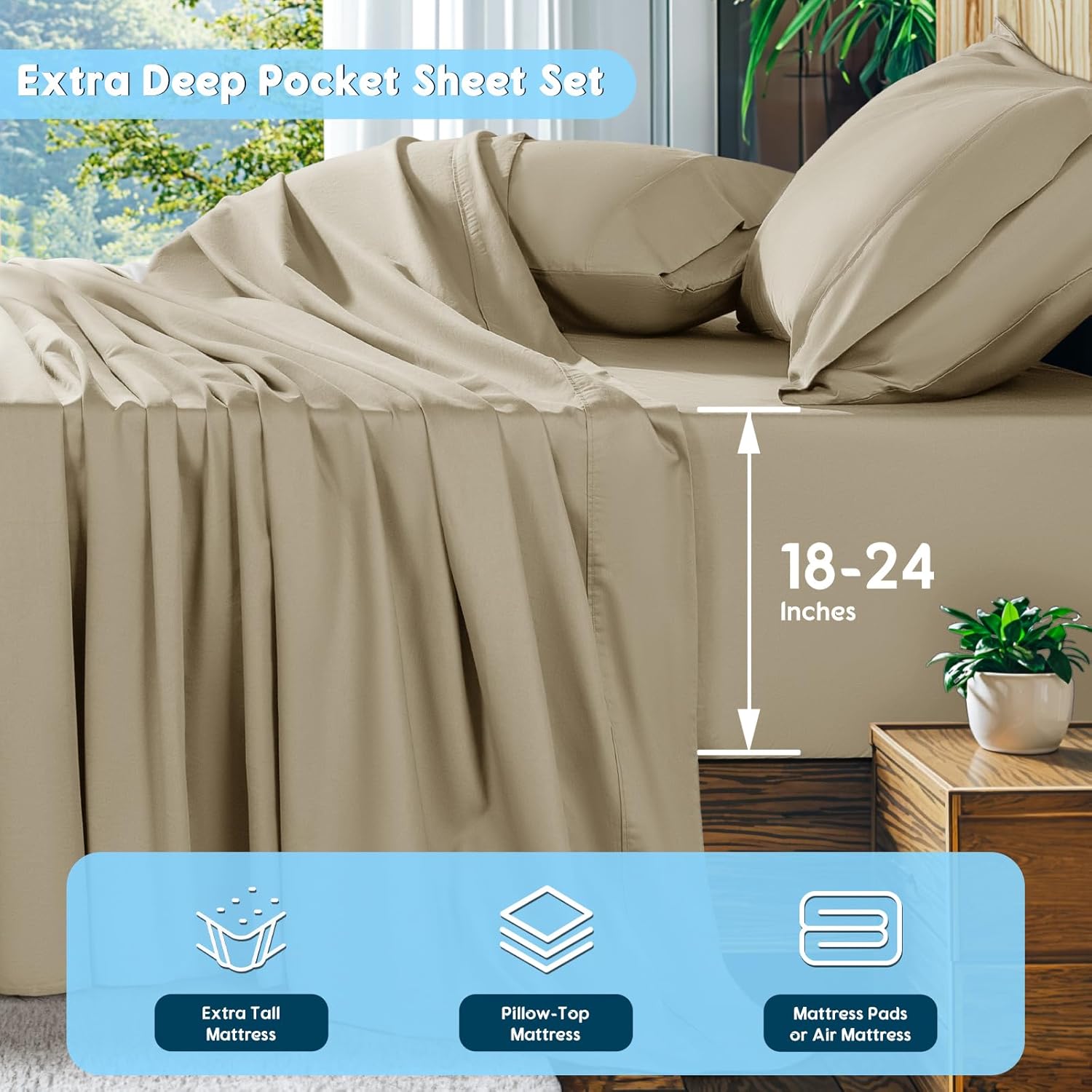 SONORO KATE 100% Egyptian Cotton Sheets Set, Extra Deep Pocket up to 18"-24",1000 High Thread Count, Soft & Breathable 5-Star Hotel Sateen Bed Sheets - 4 PC (Linen,Queen) - Image 2