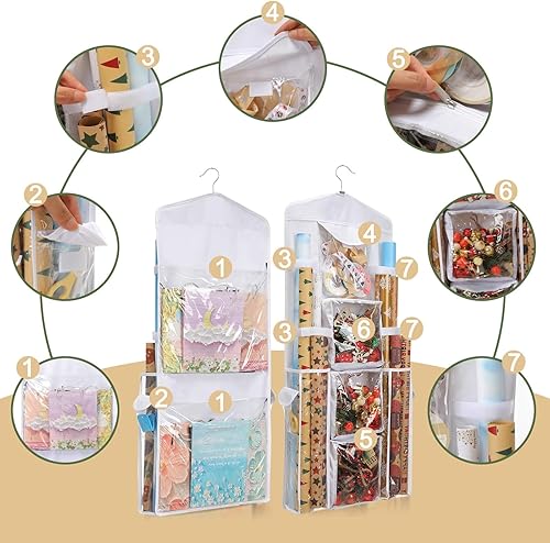 Miniatura 4 de EXLIFBAG Organizador de almacenamiento de papel de regalo, organizador de envoltorios de regalo con soporte de doble cara y bolsa de regalo colgante