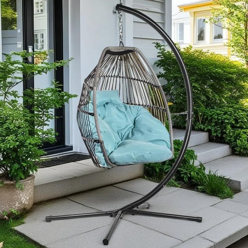 Barton Blue Hanging Egg Chair with Fluffy Cushion