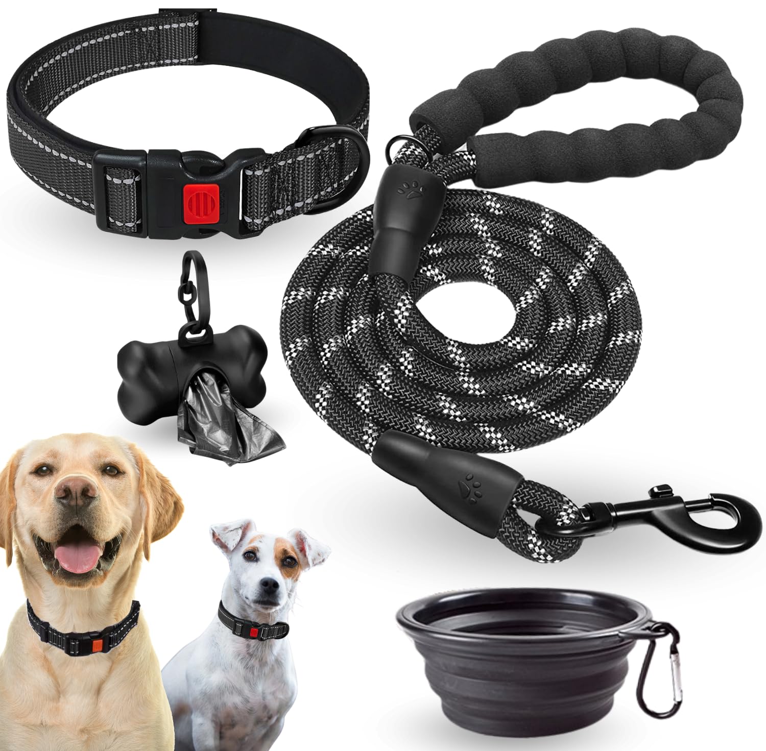 Collar de Perro Ajustable y Acolchado con Neopreno - Correa Perro 1,5m Reflectante - Cuenco Plegable y Dispensador con 15 Bolsitas - para Perros Pequeños Medianos y Grandes