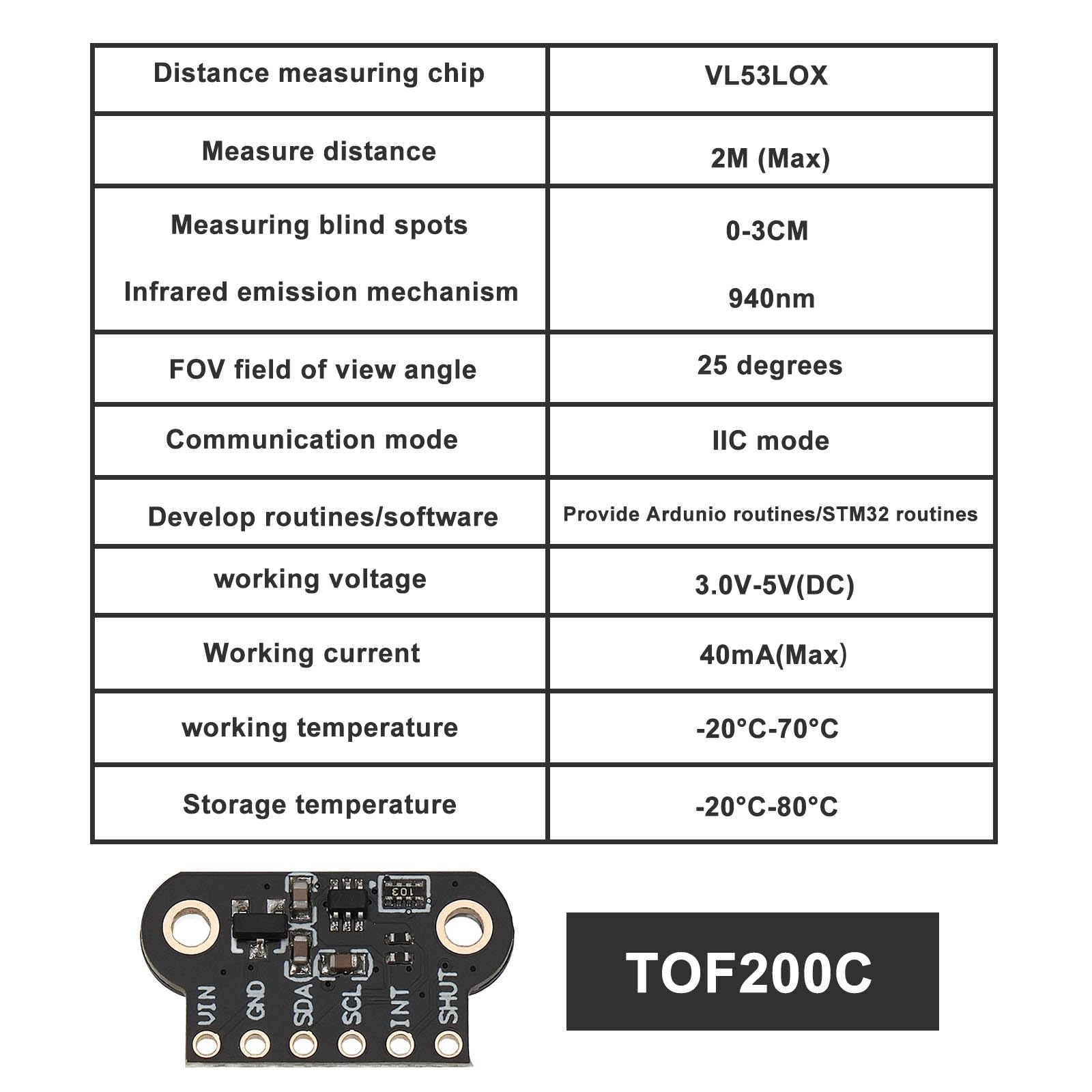 Create idea 1 zestaw: TOF200C (2M) laserowy moduł czujnika odległości z czasem lotu kompatybilny z ArduinoDEMO kompatybilny z STM32 DEMO (40 MA 25°)