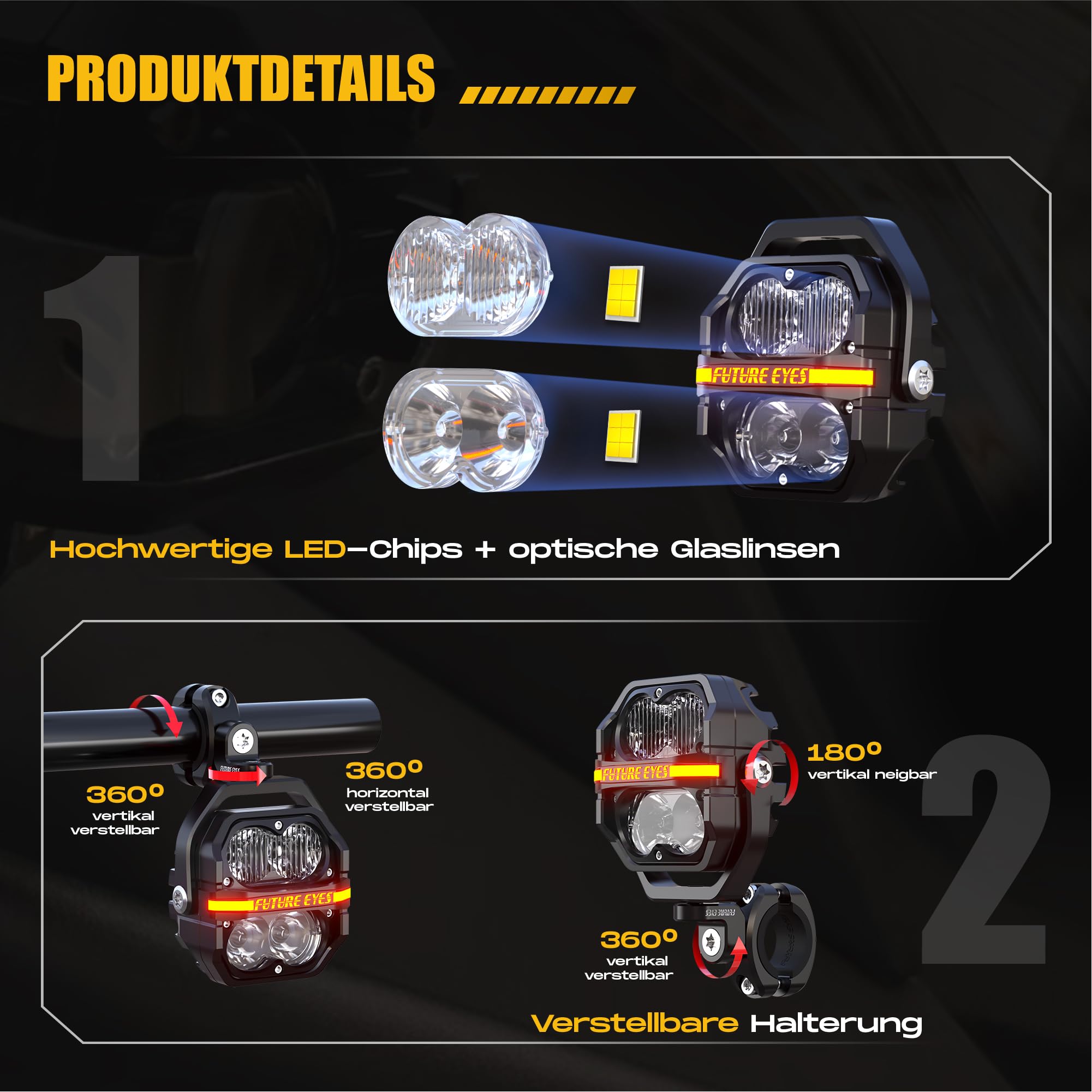 Future Eyes LED Zusatzscheinwerfer Motorrad ECE E-Mark E57 – 120W 12000LM Motorrad Nebelscheinwerfer, Zusatzscheinwerfer für Motorrad LED, IP67 Wasserdicht, 800M Reichweite, 360° verstellbar