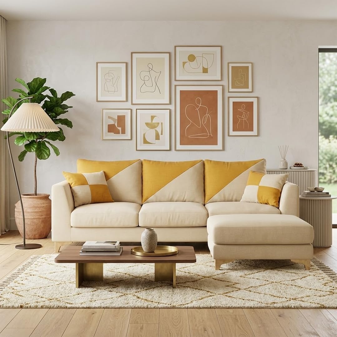 Romeo Rich Velvet Suede 3 Seater Sofa Set with 2 Ottomans | Golden Aesthetic Legs | Spacious Soft Touch Comfort Seating | Modern Sofa for Living Room (Cream)-image-11