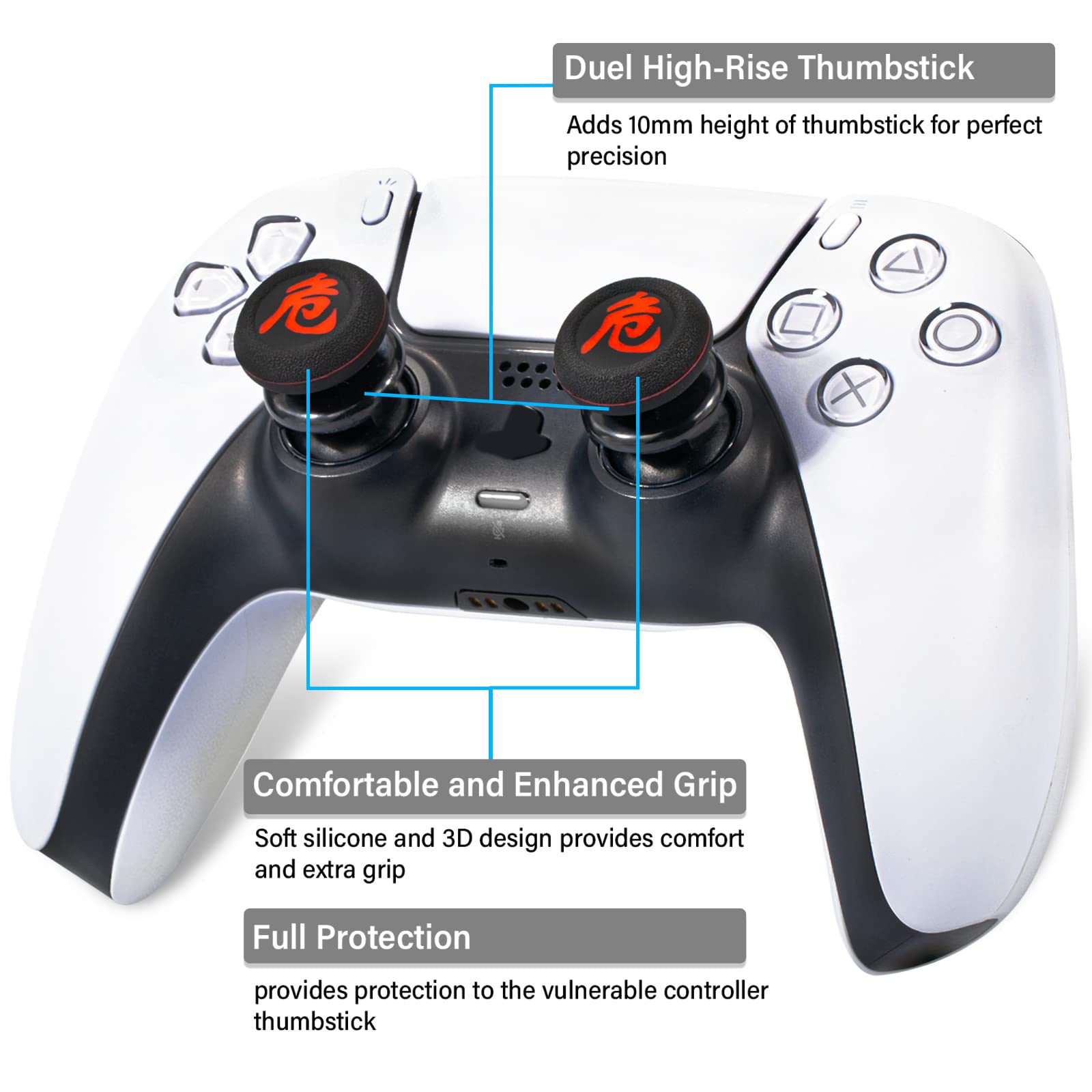 FPS Thumbstick Grip Agarres para el Pulgar Extensor Y Impresión Caucho Silicona Apretón Cubrir 4 para Controlador PS5 Dualsenese y PS4 (Muerto Peligro)