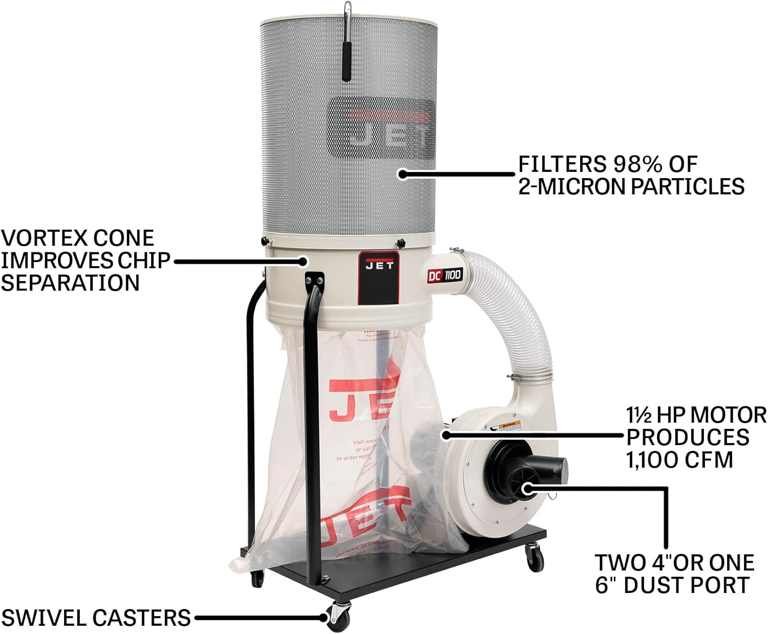 JET Vortex Cone Dust Collector, 2-Micron Canister Filter, 1-1/2 HP, 115/230V 1Ph (DC-1100VX-CK)