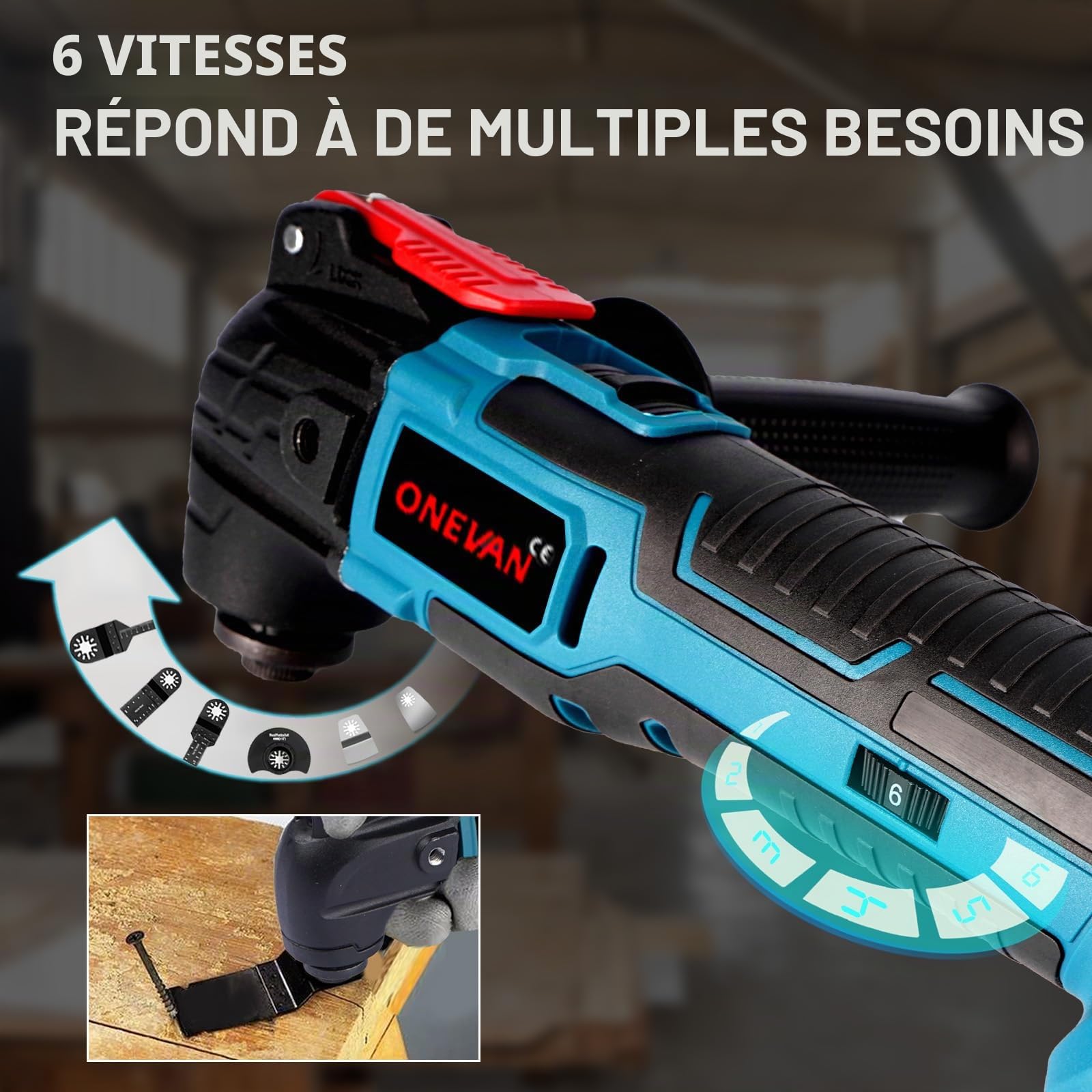 ONEVAN Outil Multifonction 4°Oscillation avec 2 Batteries 22 Pièces | 6 Vitesses 20000 tr/min, Changement sans outil, Coupe, ponçage et polissage précis, Multitool universel