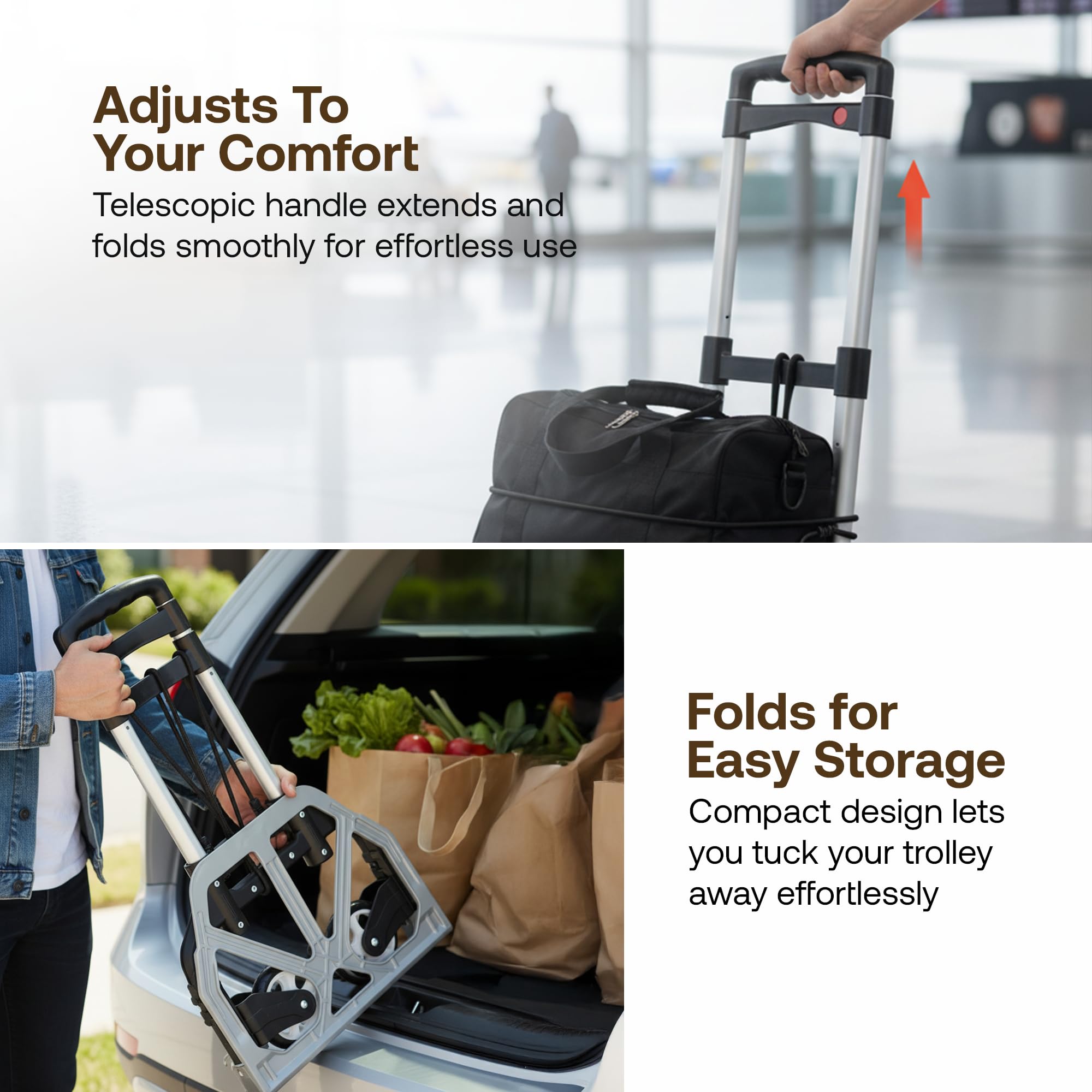 BonKaso Folding Hand Truck 70Kg Capacity | Heavy-Duty Luggage Trolley with Telescopic Handle | Lightweight Collapsible Cart for Travel, Home & Office Use (40x41x100cm) Silver 1