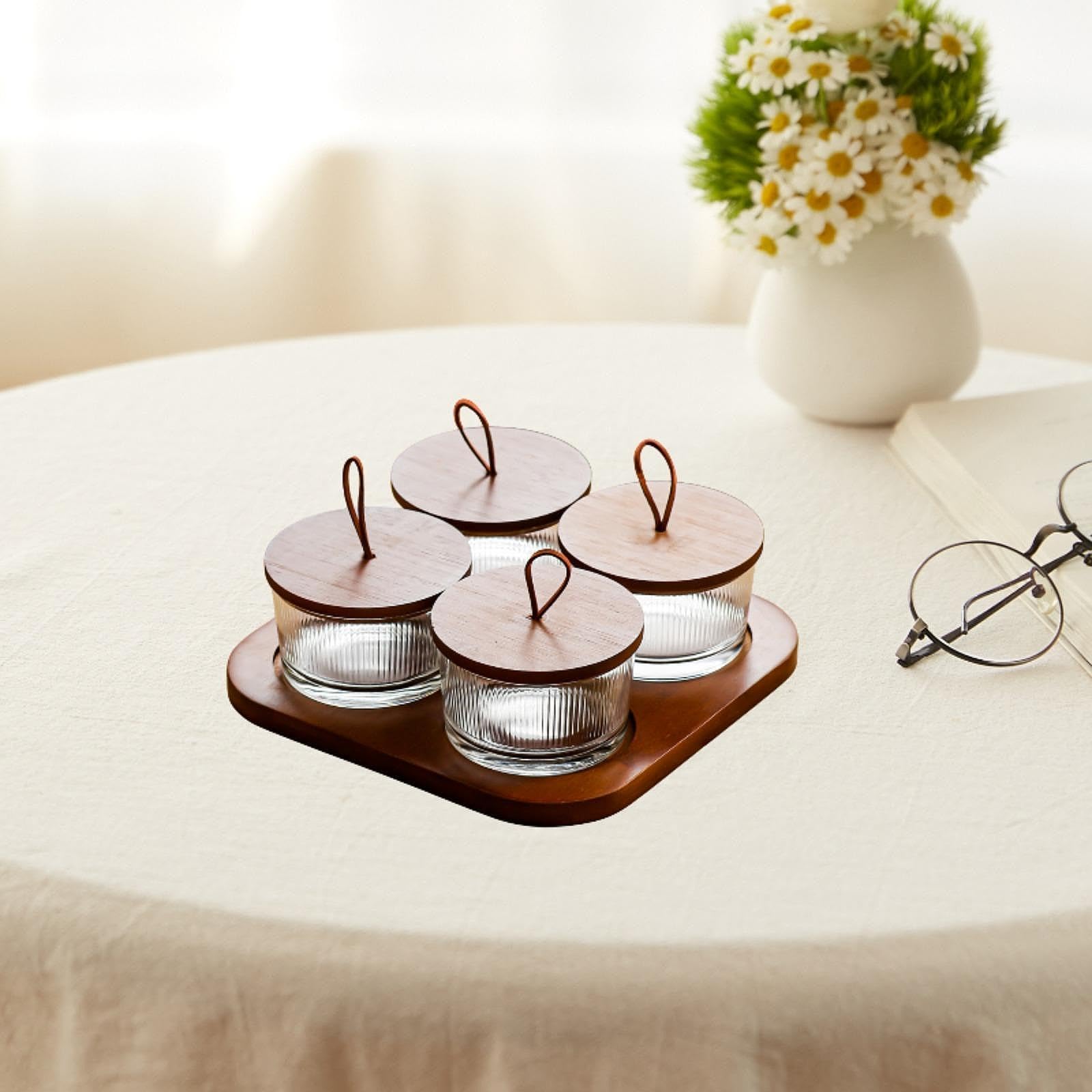 Servierschale mit Deckel Und Unterteiltem Design Perfekte Holz Glas Snackplatte Fruchtteller für Küche Restaurant Wohnzimmer Und Büro, 4 Gitter