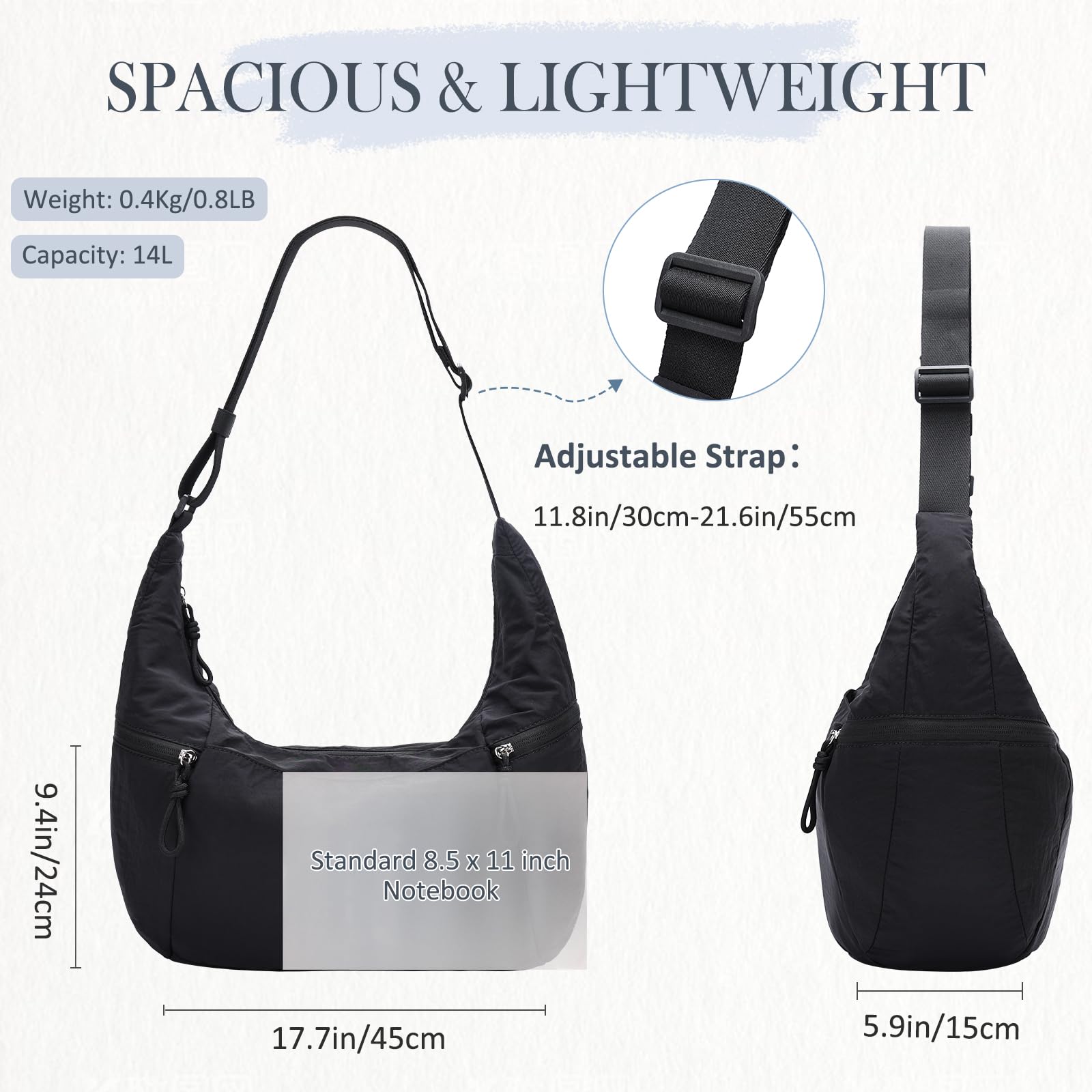 VASCHY Torba crossbody, półksiężyc, dla kobiet, na co dzień, lekka, nylonowa, średnia, luźna, hobo, torebka, na podróż, siłownię, do pracy, na uczelnię