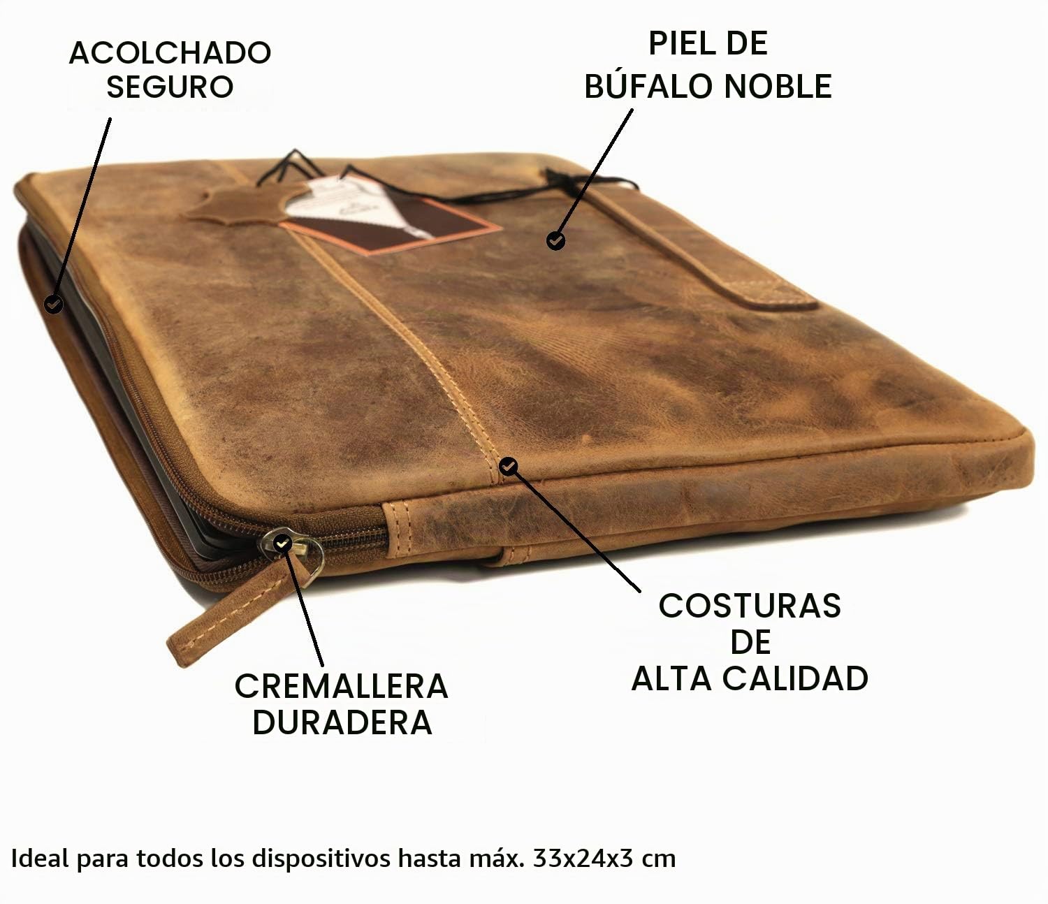 Fa.Volmer ® Funda vintage de piel de búfalo acolchada para MacBook Pro, Microsoft Surface I iPad funda I Tablet funda I aspecto vintage, Marrón, natural