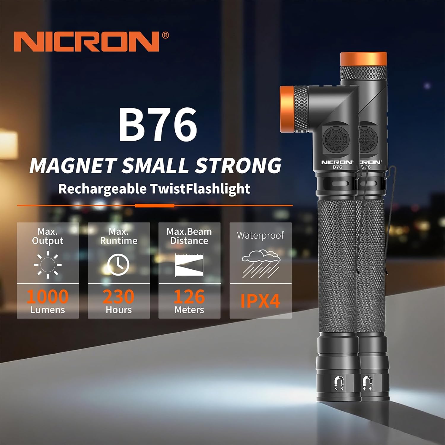 NICRON B76 2AA Penlight Flashlight Rechargeable, 1000 High Lumen 6 Modes Max 230hours with 90 Degree Rotatable and Magnetic Base Handfree Flashlight for Work,Repair, Emergency