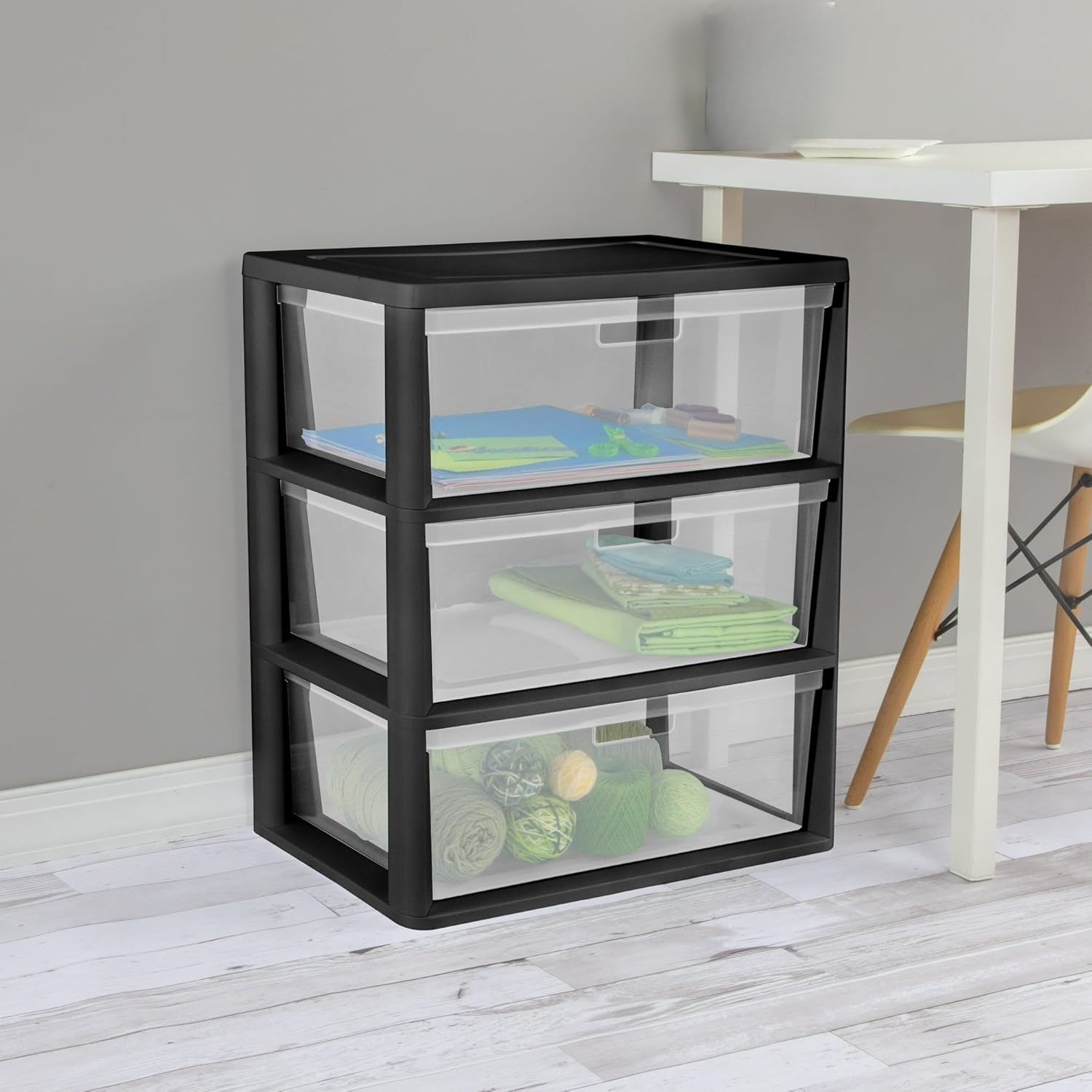 3-Drawer Storage Tower with Removable Clear Plastic Bins, Tool-Free Assembly, Multiple Sizes for Home Office (15.7"W)